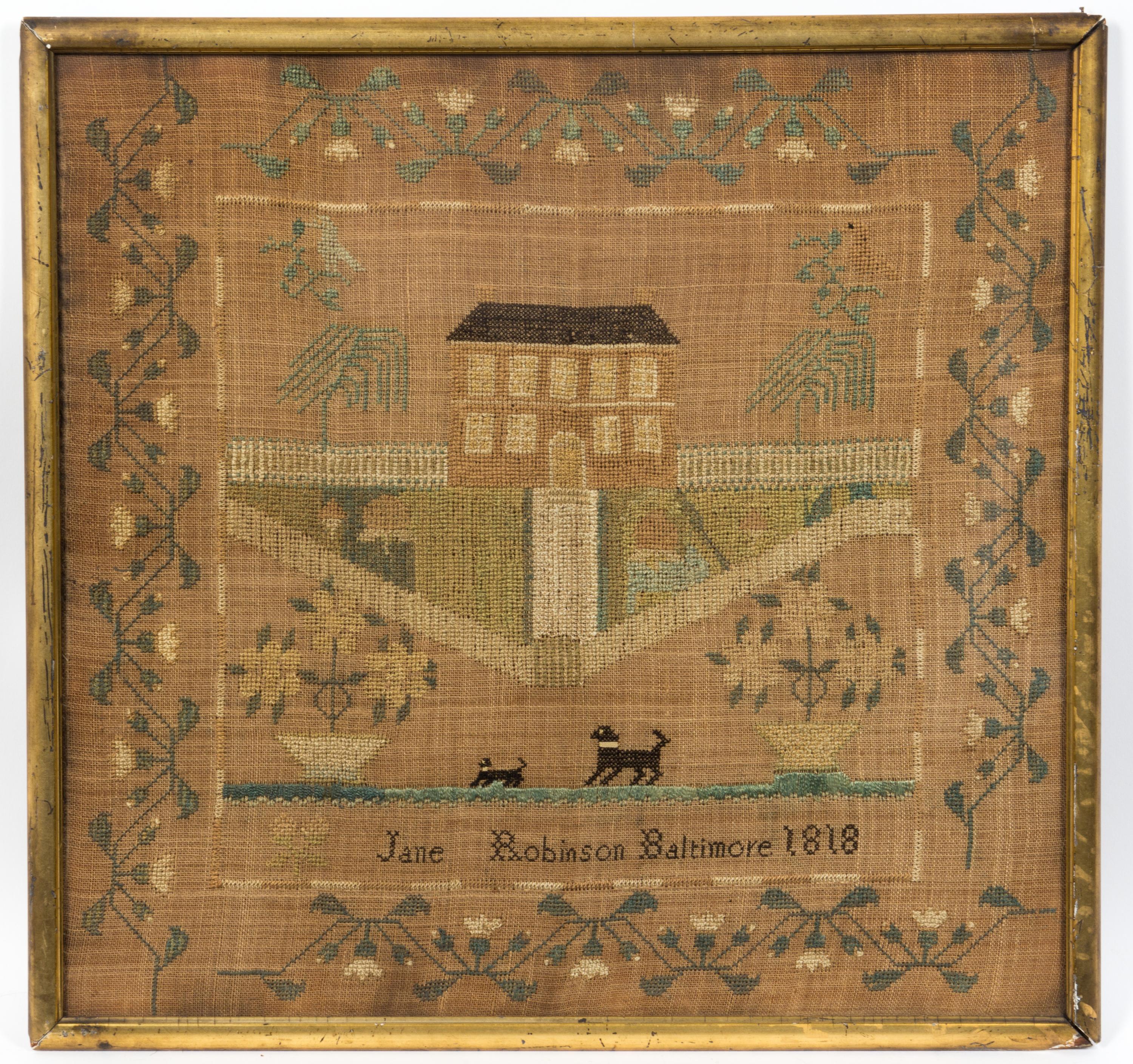An American Sampler Height 17 x width 17 1/2 inches.