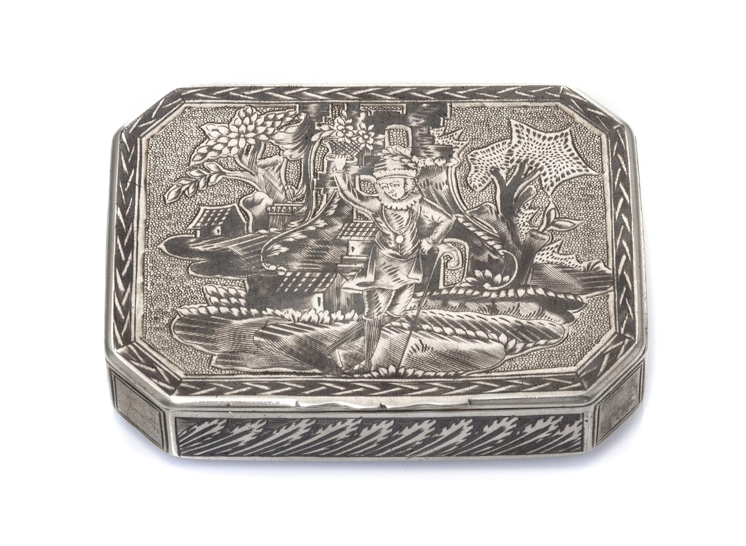 A Russian Niello Silver Snuff Box, Maker's mark OH, assay mark of Andrey Kovalsky, Moscow, 1822, of rectangular form with canted corner