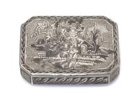 A Russian Niello Silver Snuff Box, Maker's mark OH, assay mark of Andrey Kovalsky, Moscow, 1822, of rectangular form with canted corner