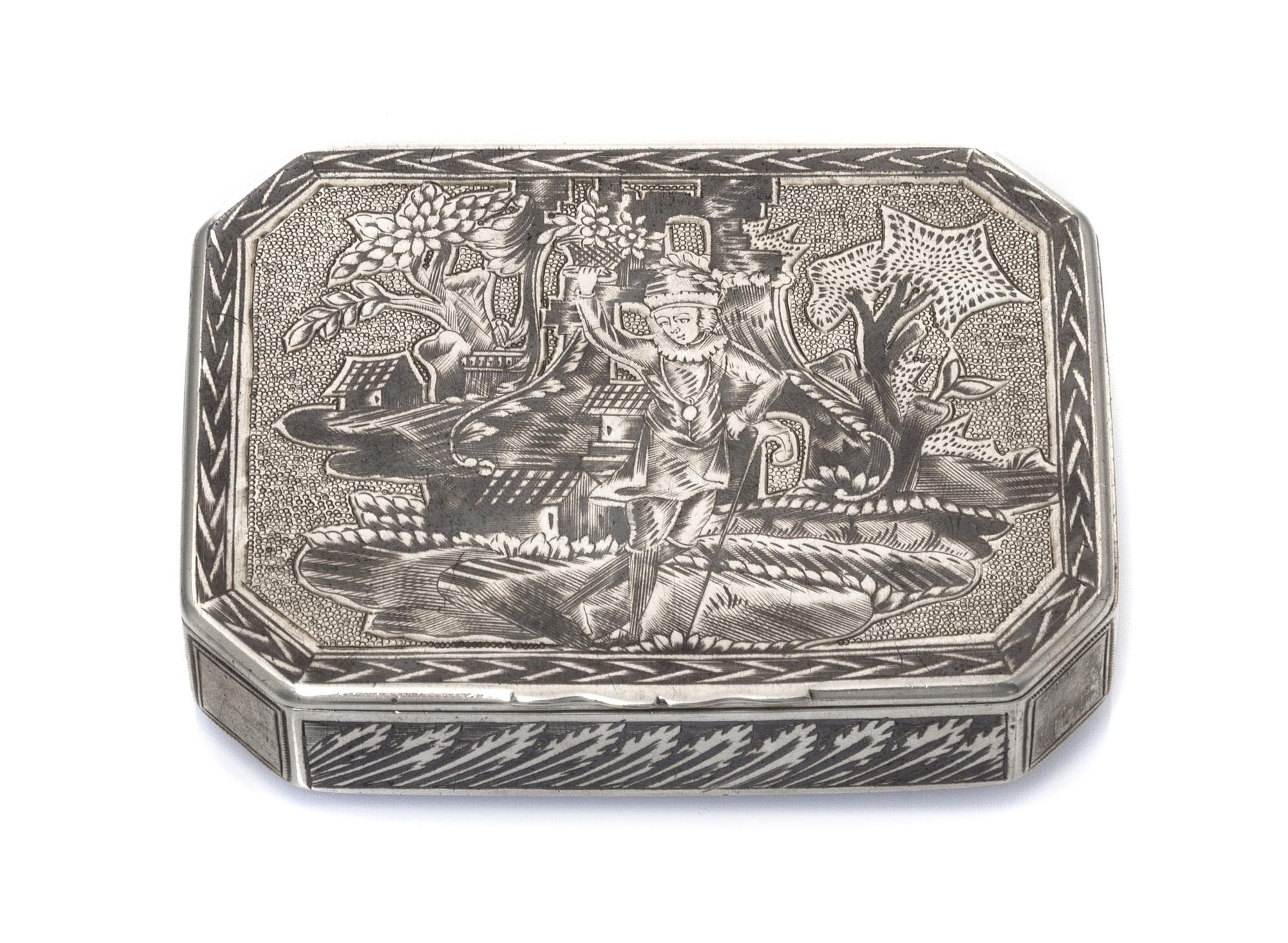 A Russian Niello Silver Snuff Box, Maker's mark OH, assay mark of Andrey Kovalsky, Moscow, 1822, of rectangular form with canted corner