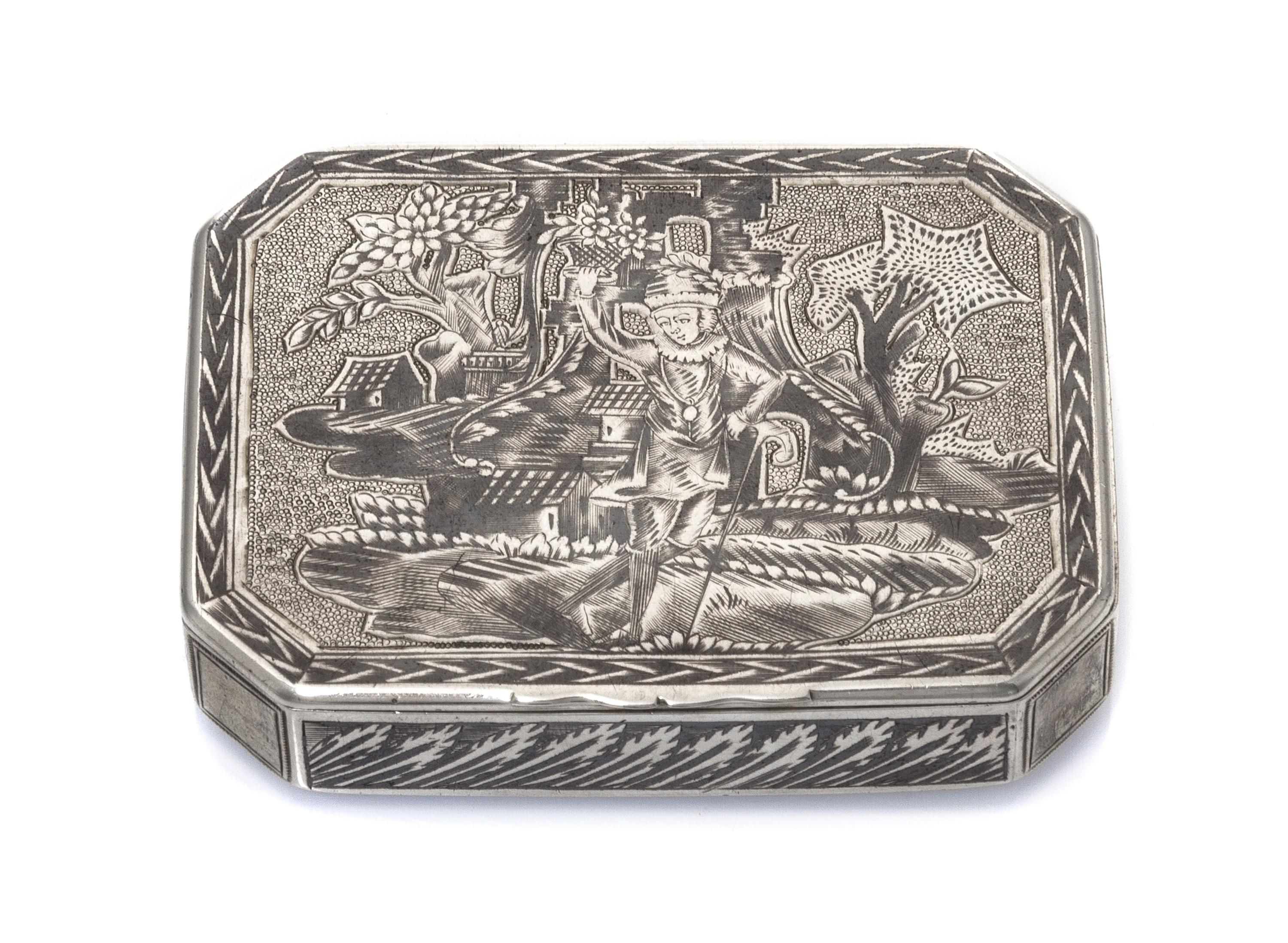 A Russian Niello Silver Snuff Box, Maker's mark OH, assay mark of Andrey Kovalsky, Moscow, 1822, of rectangular form with canted corner
