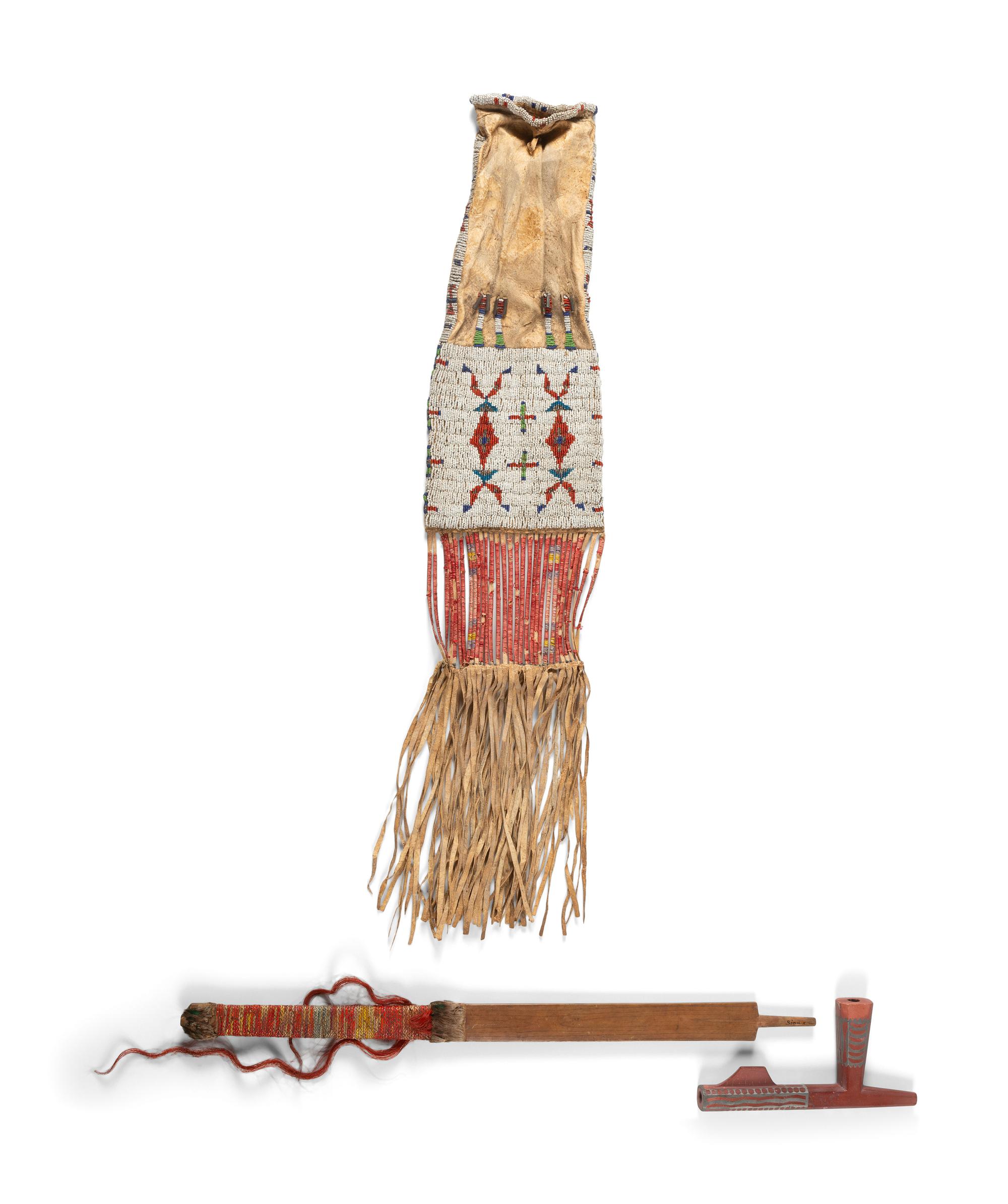 Sioux Beaded Hide Tobacco Bag, with Quilled Pipe Stem and Catlinite Bowl