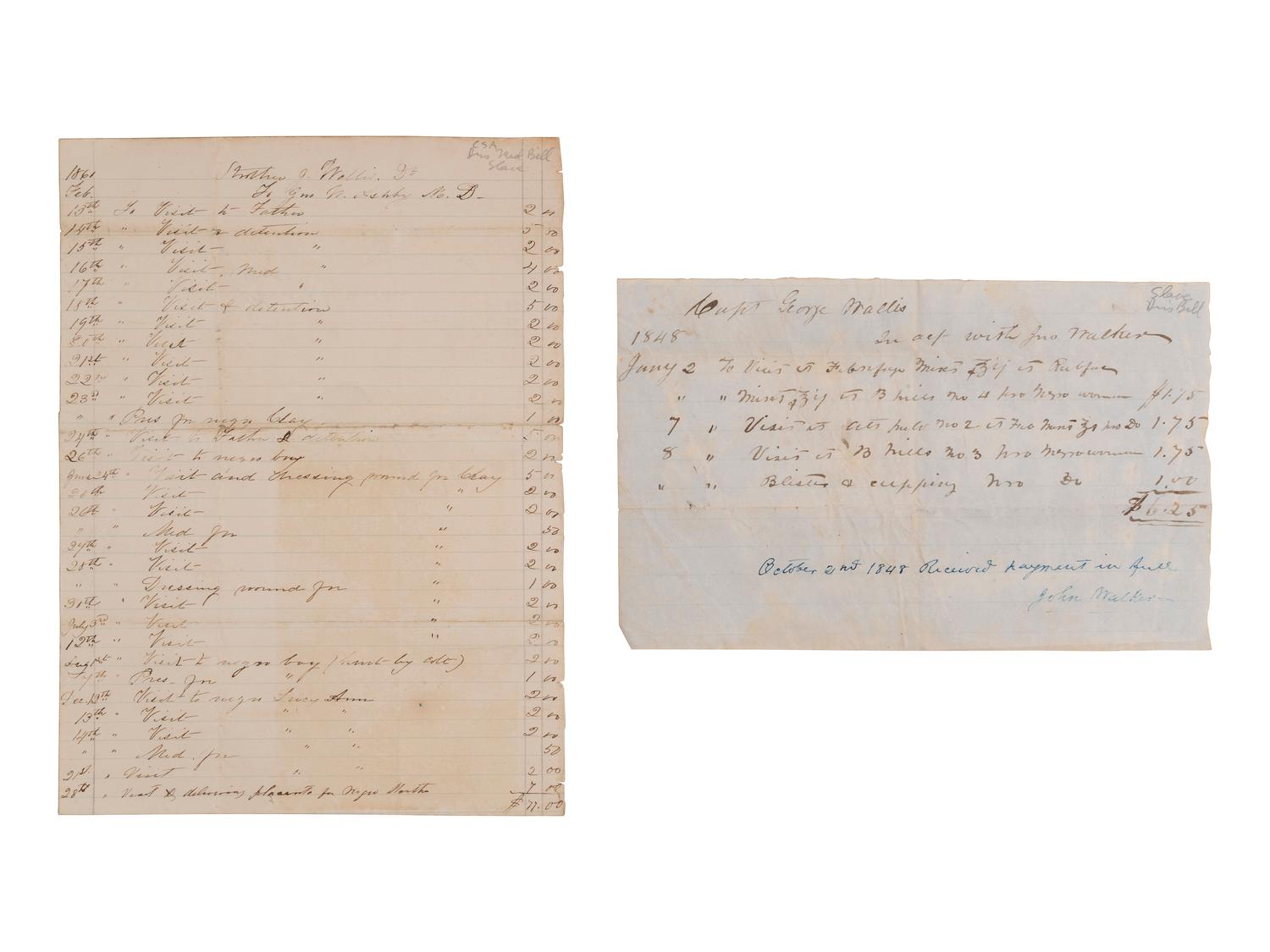 [ENSLAVEMENT]. 3 doctors' bills for medical services rendered, incl. to slaves during the Civil War.