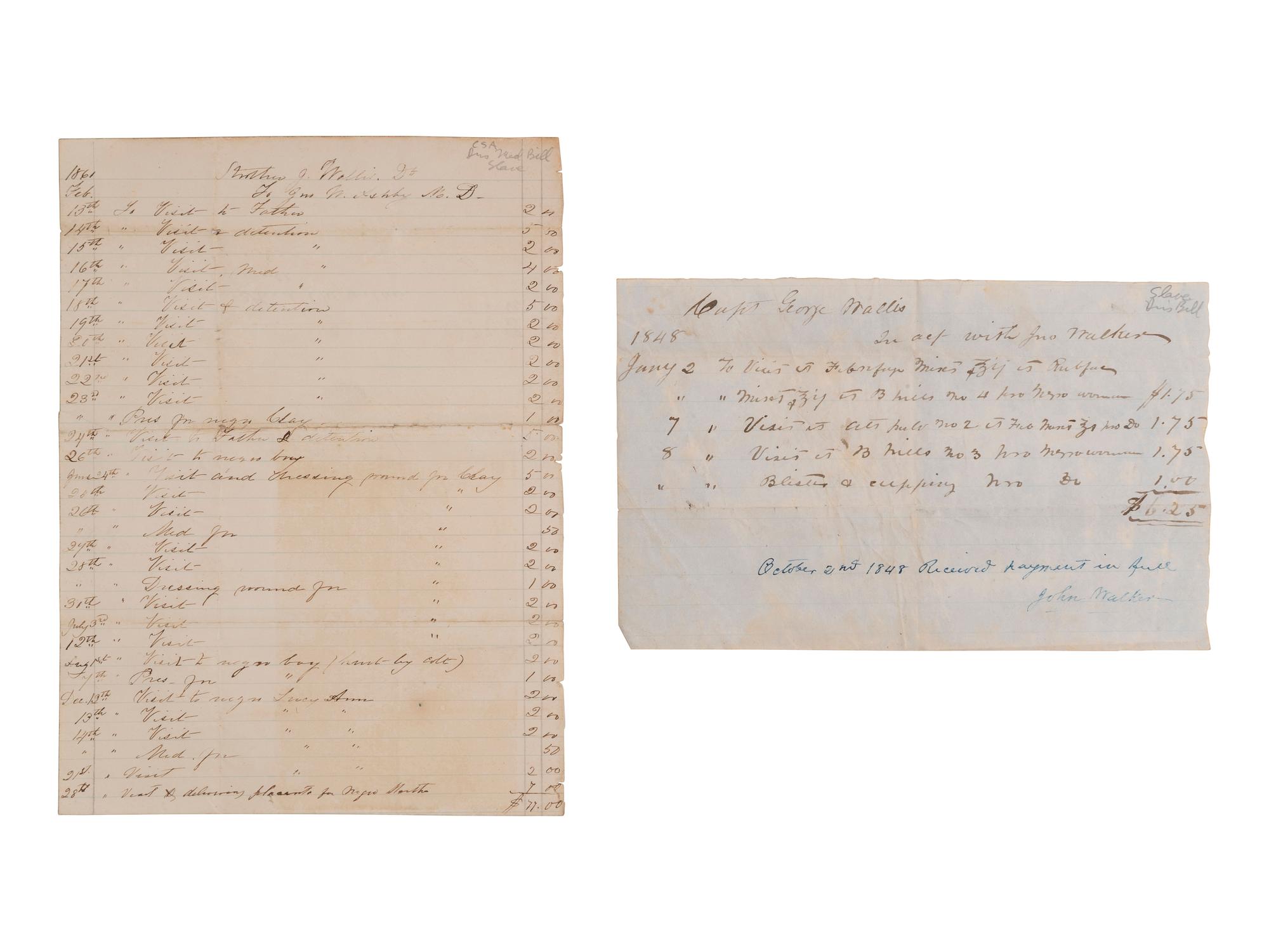 [ENSLAVEMENT]. 3 doctors' bills for medical services rendered, incl. to slaves during the Civil War.