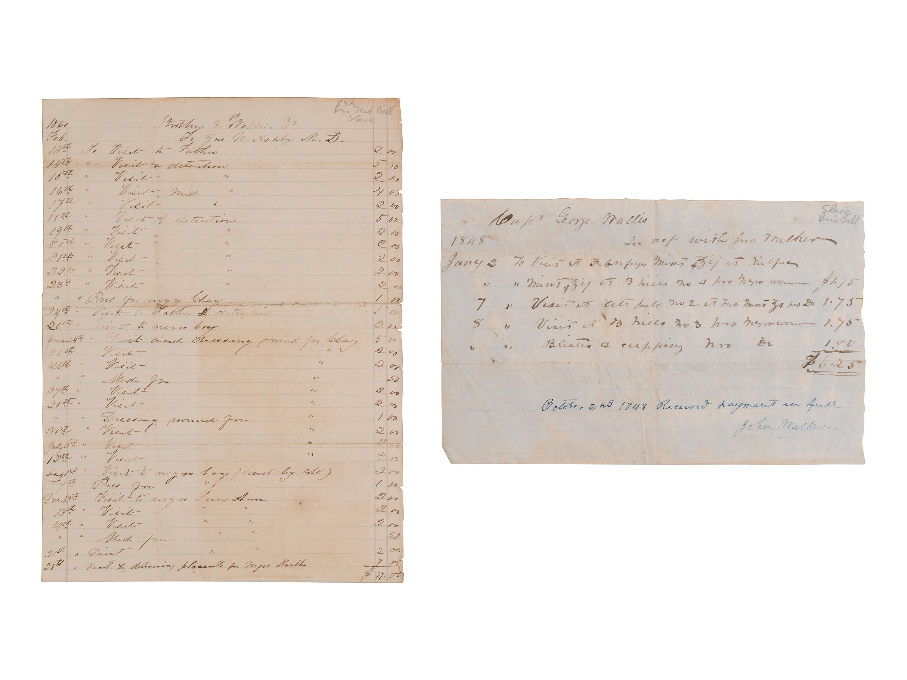 [ENSLAVEMENT]. 3 doctors' bills for medical services rendered, incl. to slaves during the Civil War.