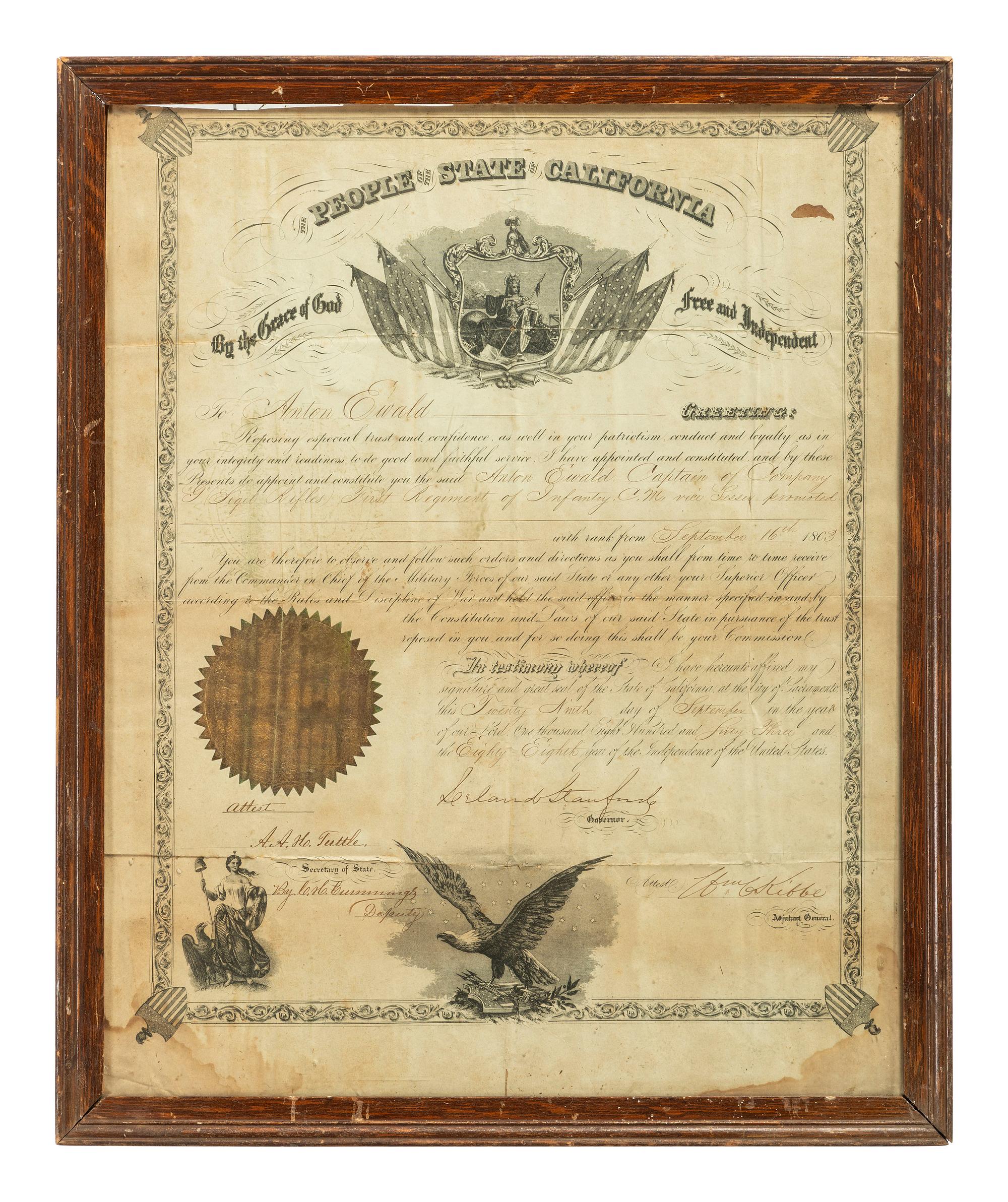 [CIVIL WAR]. STANFORD, Leland (1824-1893). Early California militia commission signed as Governor.