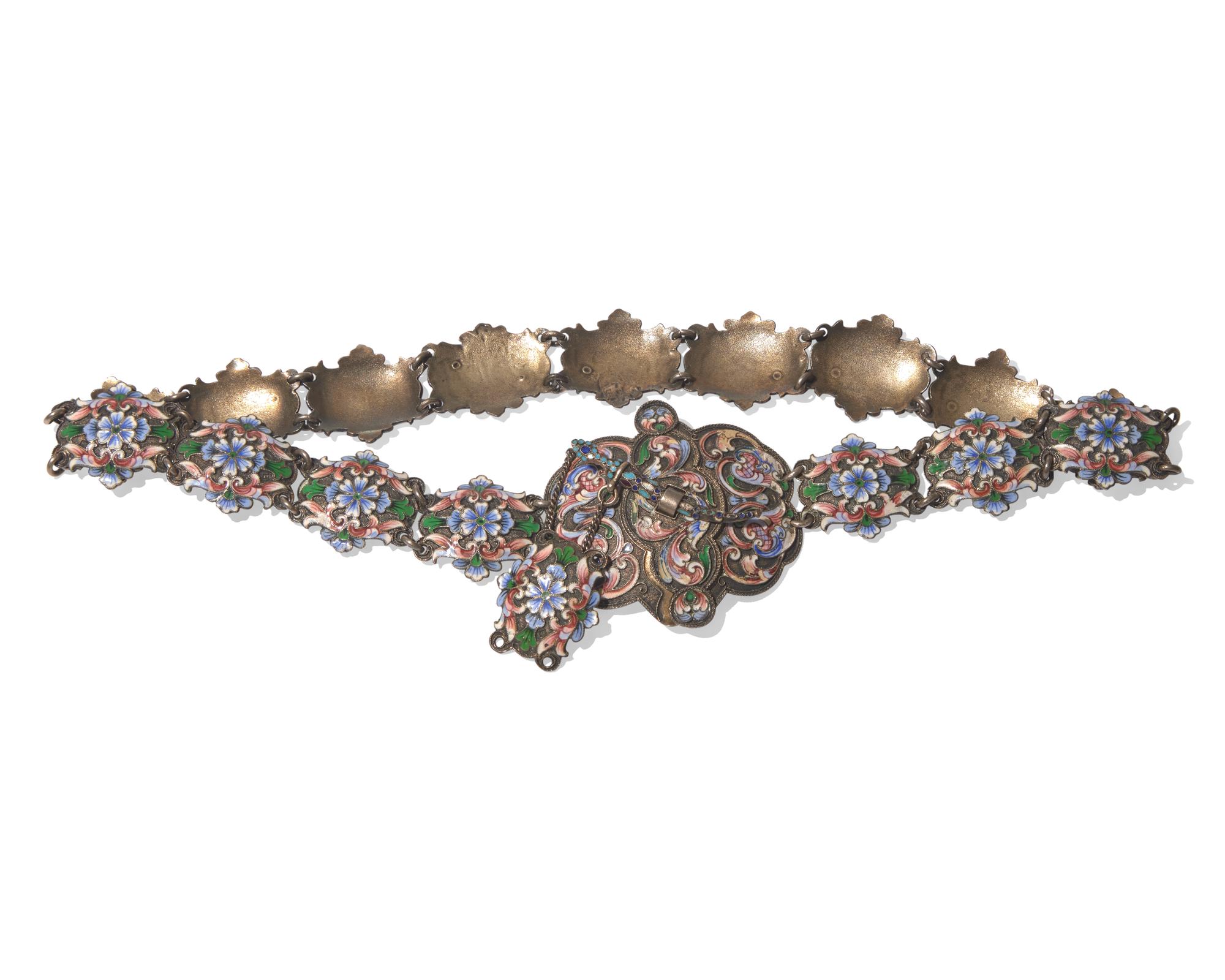 A Russian shaded enamel and silver gilt belt, Nikolai Nikolaevich Zverev, Assaymaster Ivan Sergeyevich Lebedkin, Moscow, 1898-1914