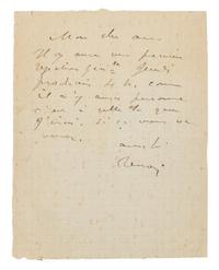 RENOIR, Pierre Auguste (1841-1919). Autograph note signed ("Renoir"), to "my dear friend." N.p., n.d.