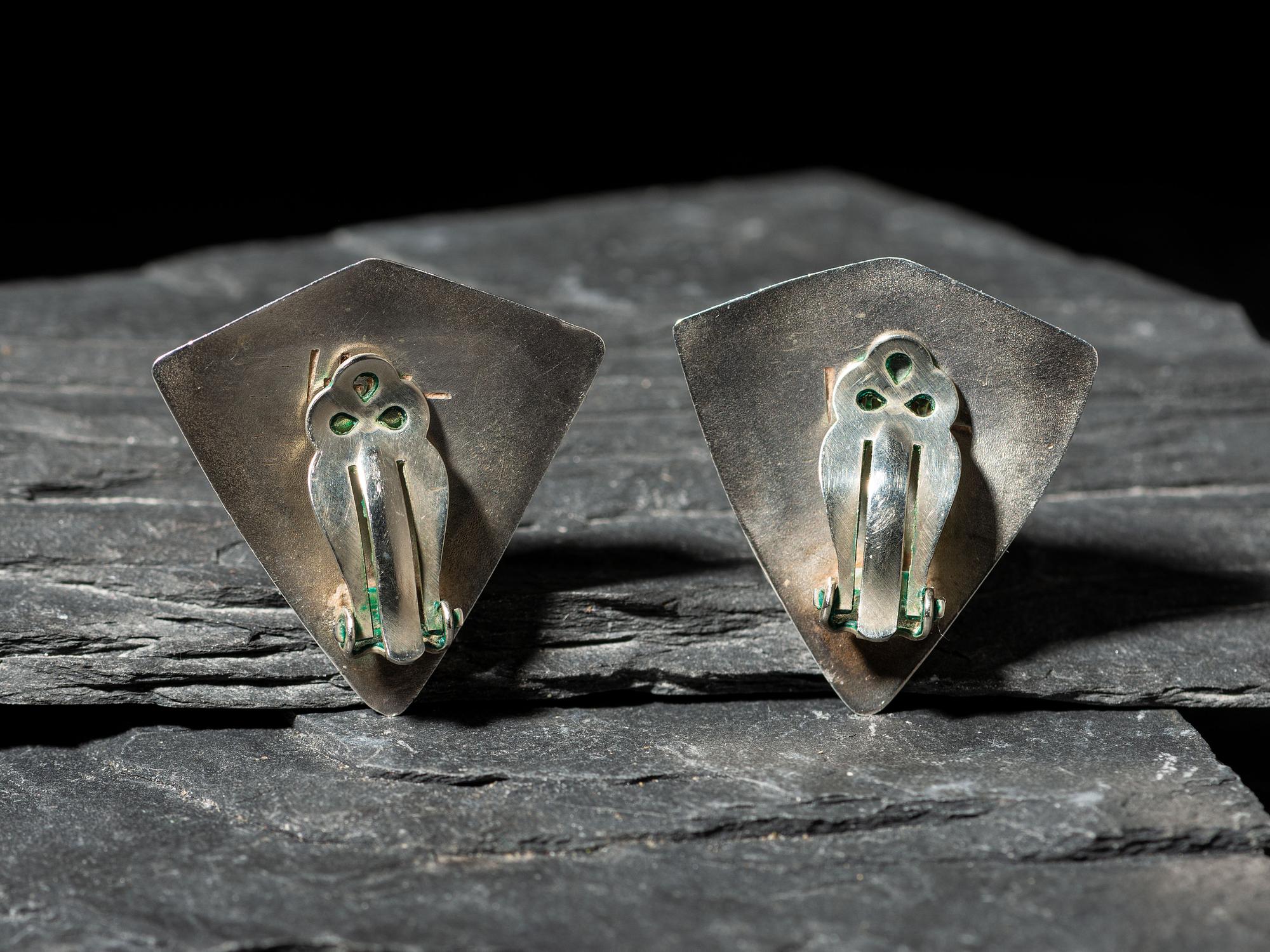 Silver and Mosaic Inlay Shield Clip Earrings