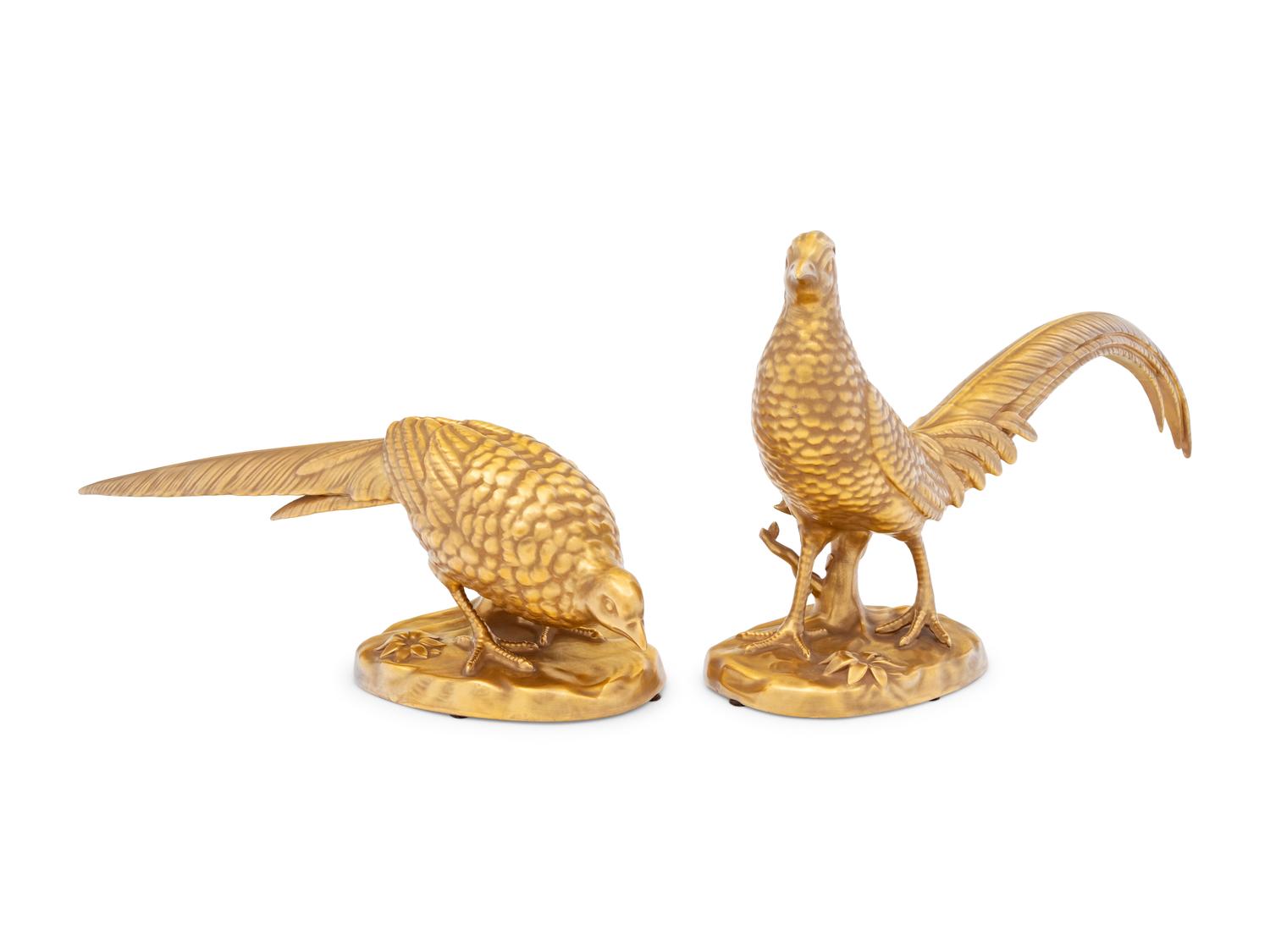 A Pair of Vista Alegre Gilt Porcelain Pheasants