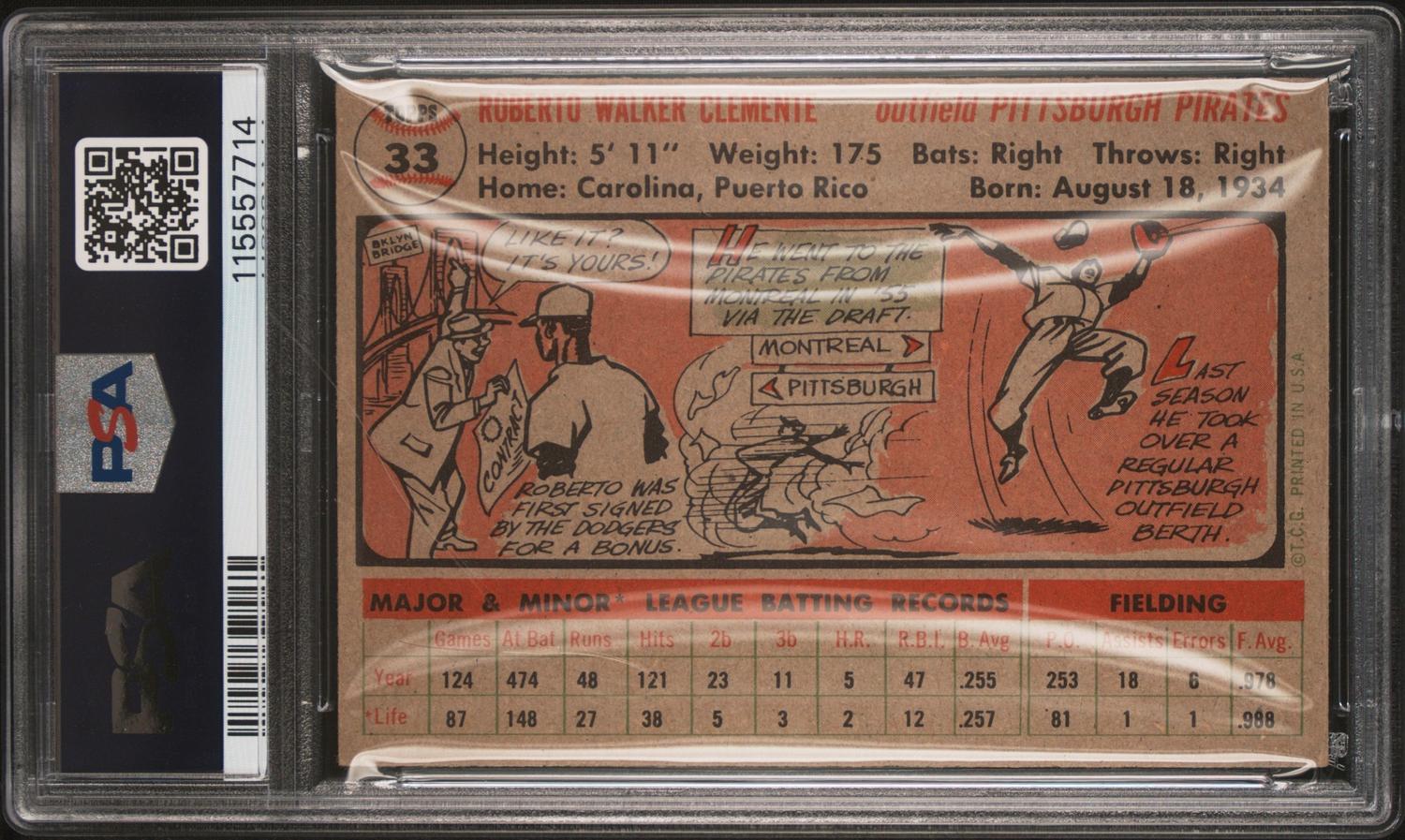 A 1956 Topps Roberto Clemente Baseball Card No. 33 (PSA 4 VG-EX) from The Collection of David Eisenhower
