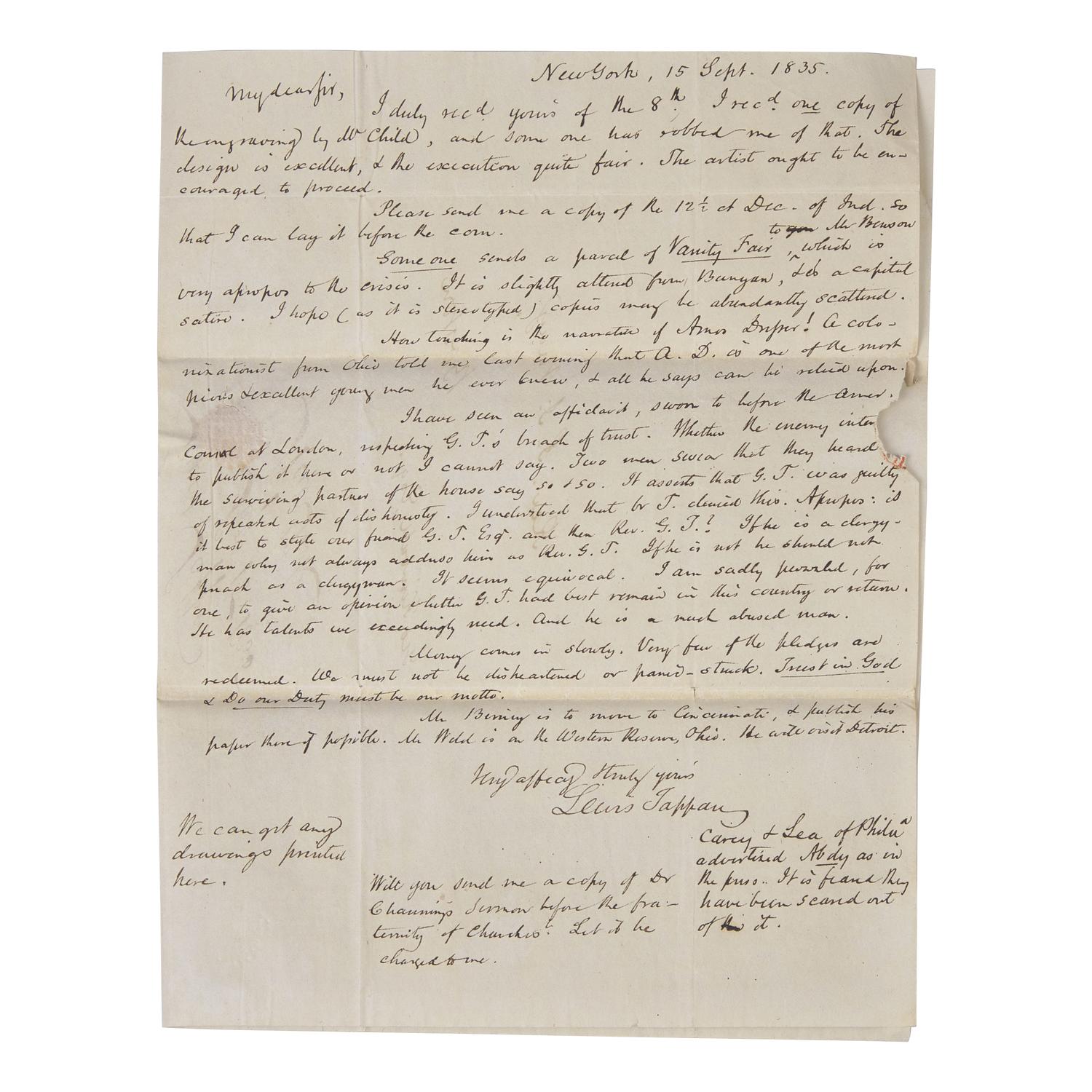 [African Americana] Tappan, Lewis. Autograph Letter, signed on Printed Circular of the American Anti-Slavery Society