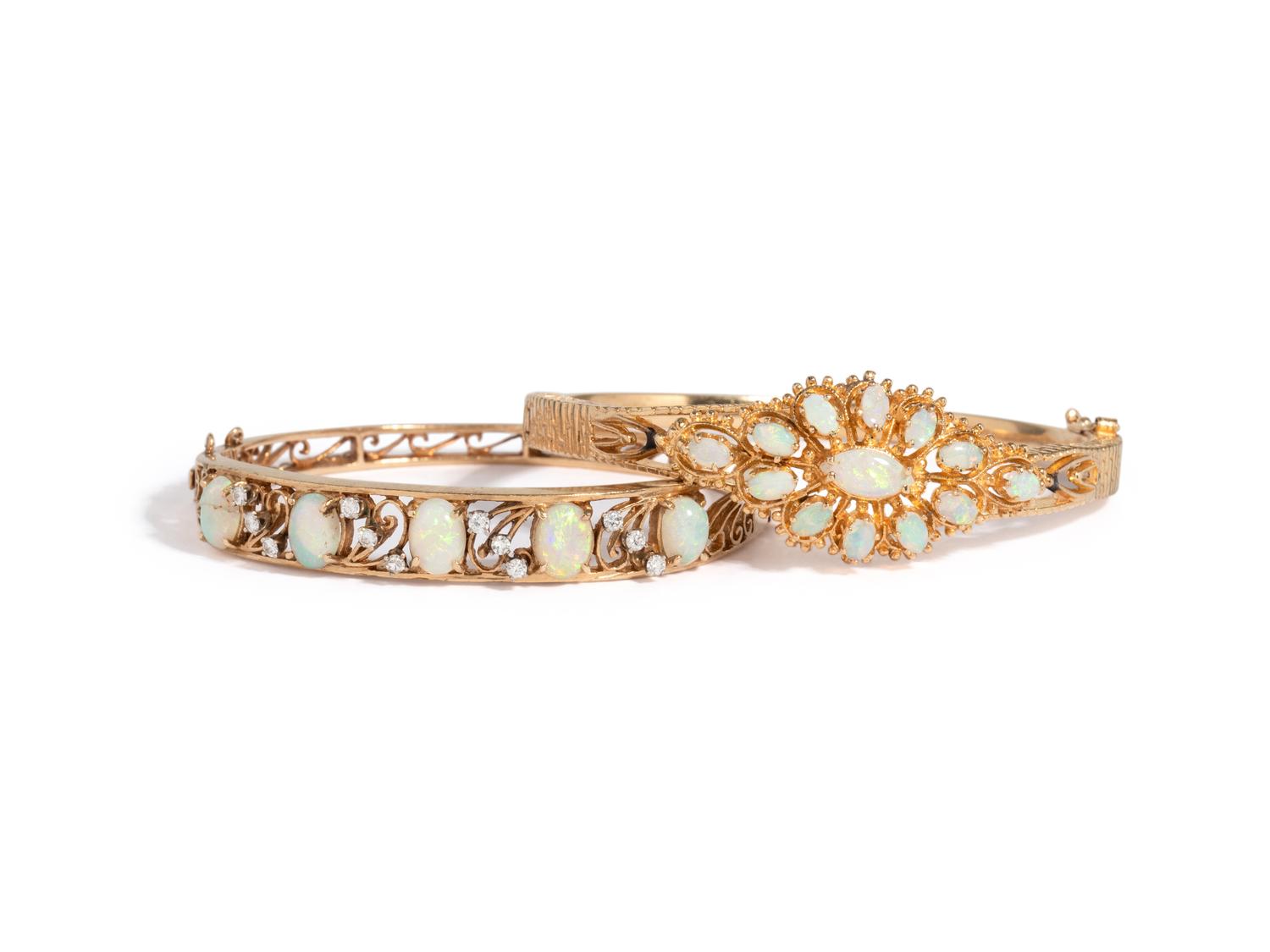 PAIR OF YELLOW GOLD AND OPAL BANGLE BRACELETS