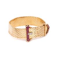 TIFFANY & CO., RETRO, YELLOW GOLD, RUBY AND DIAMOND BELT MOTIF BRACELET