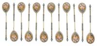 A Set of Twelve Russian Silver-Gilt and Enamel Spoons, Mark of Ivan Saltykov, Moscow, Late 19th century, each having a twist handle, th