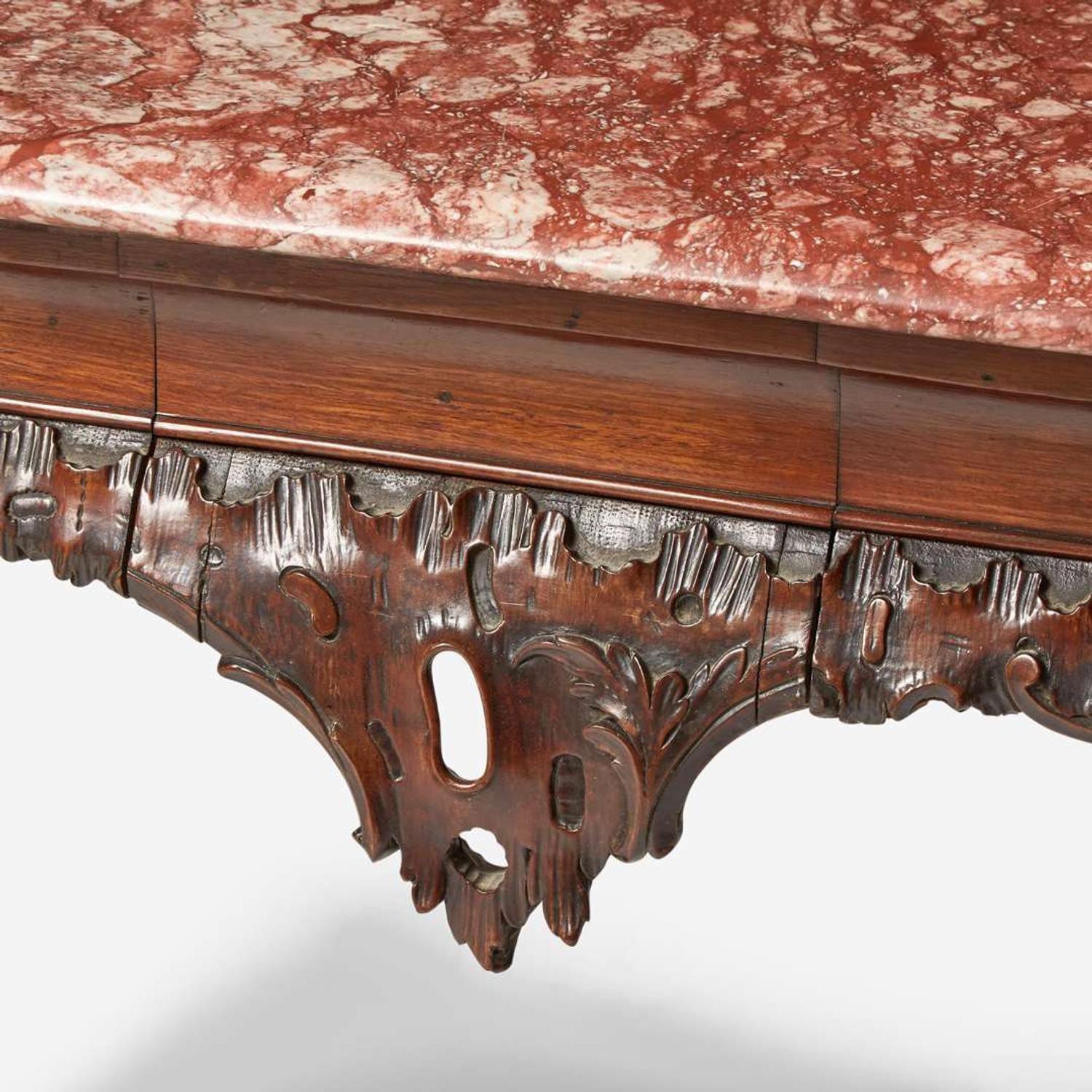 A George II carved walnut side table with breccia marble top circa 1750
