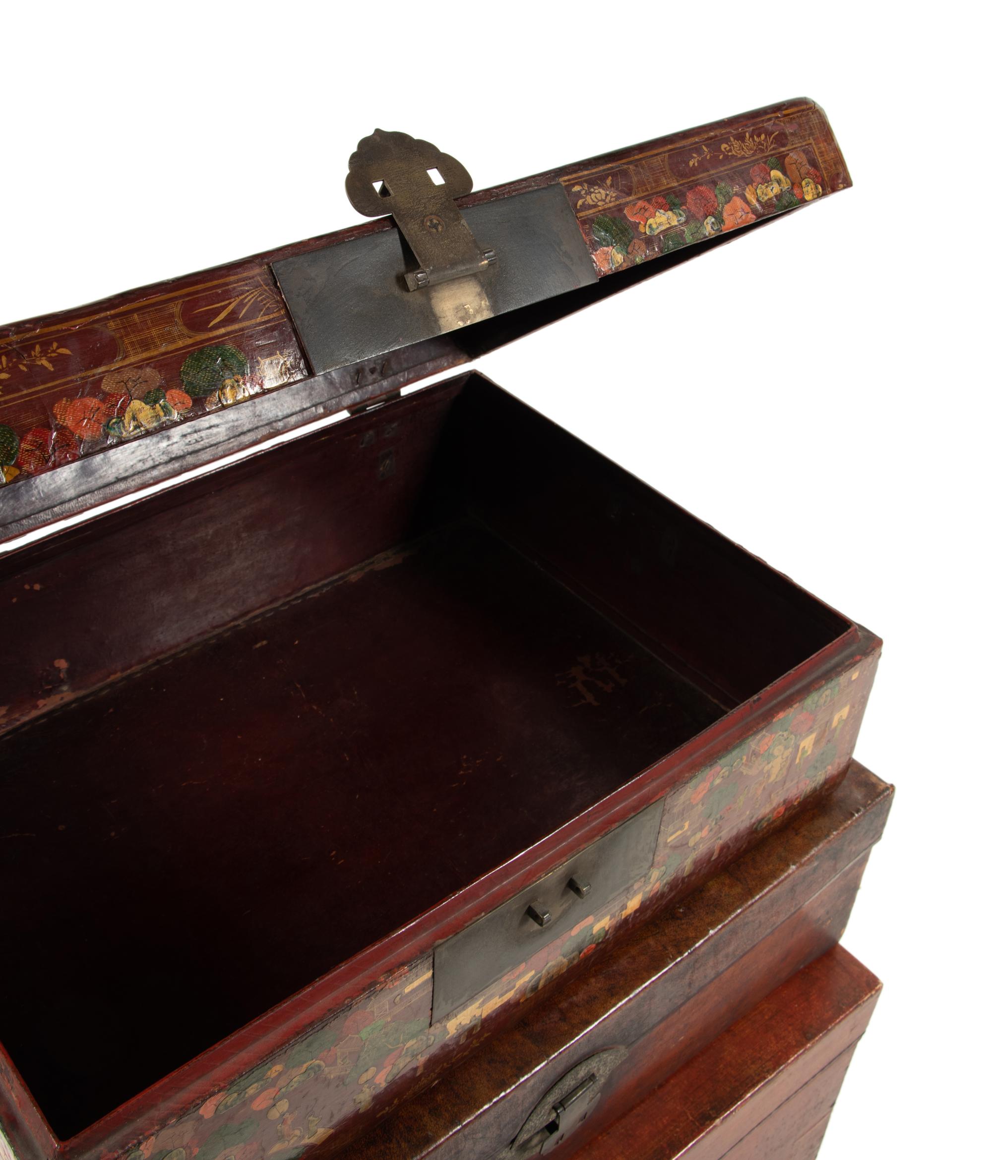 Three Chinese Export Leather-Veneered Trunks