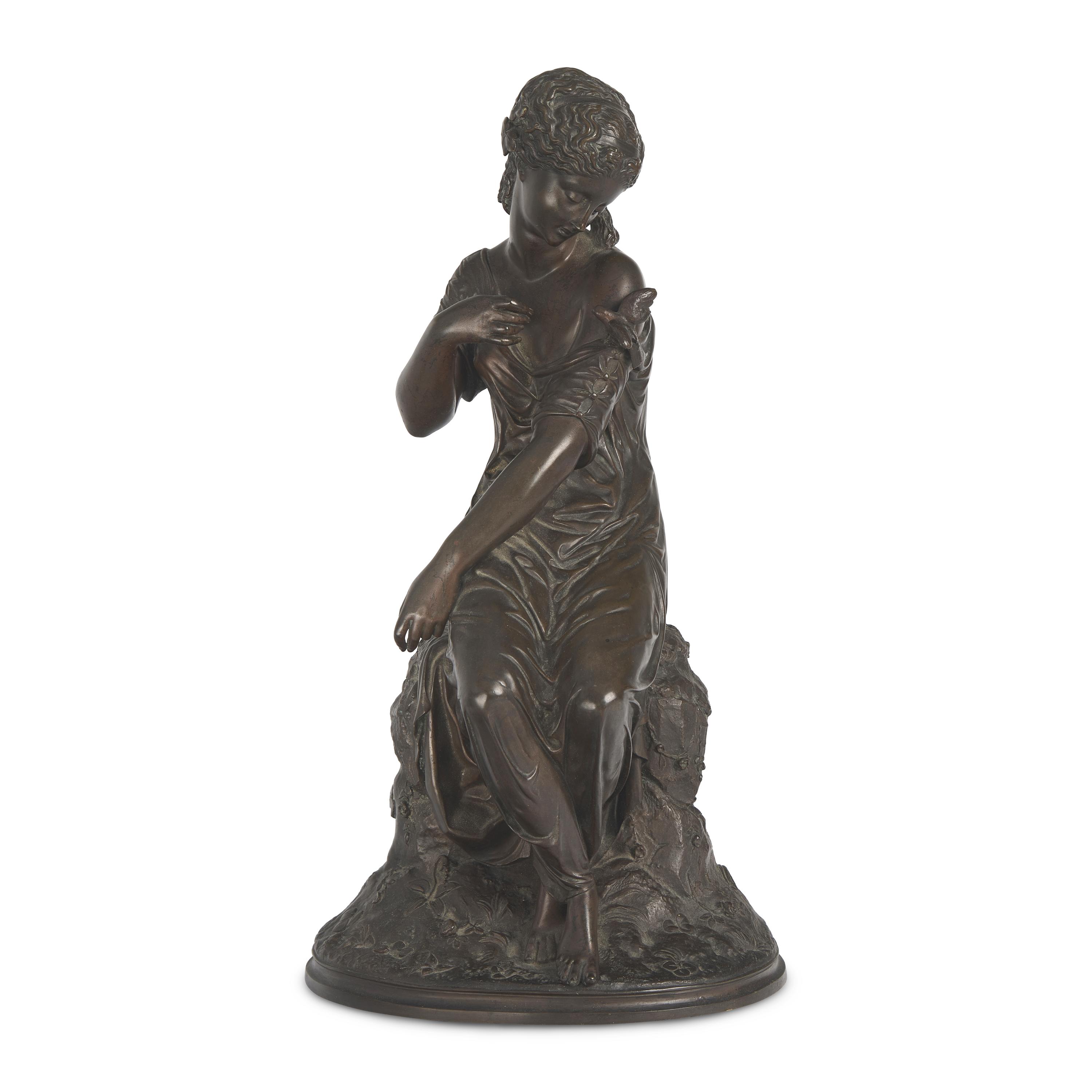 Continental School 19th Century, A Patinated Bronze Figure of a Lady with Bird