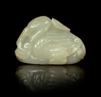 A Pale Celadon Jade Figure of a Recumbent Duck Length 3 inches.