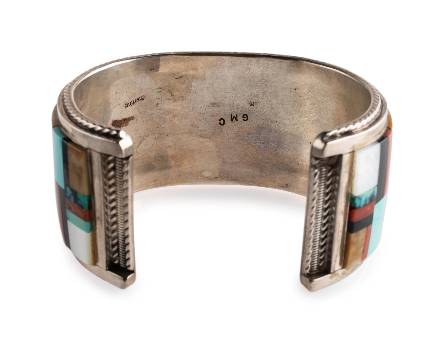 Sterling Silver Cuff Bracelet, with Mosaic Inlay Pueblo Scene