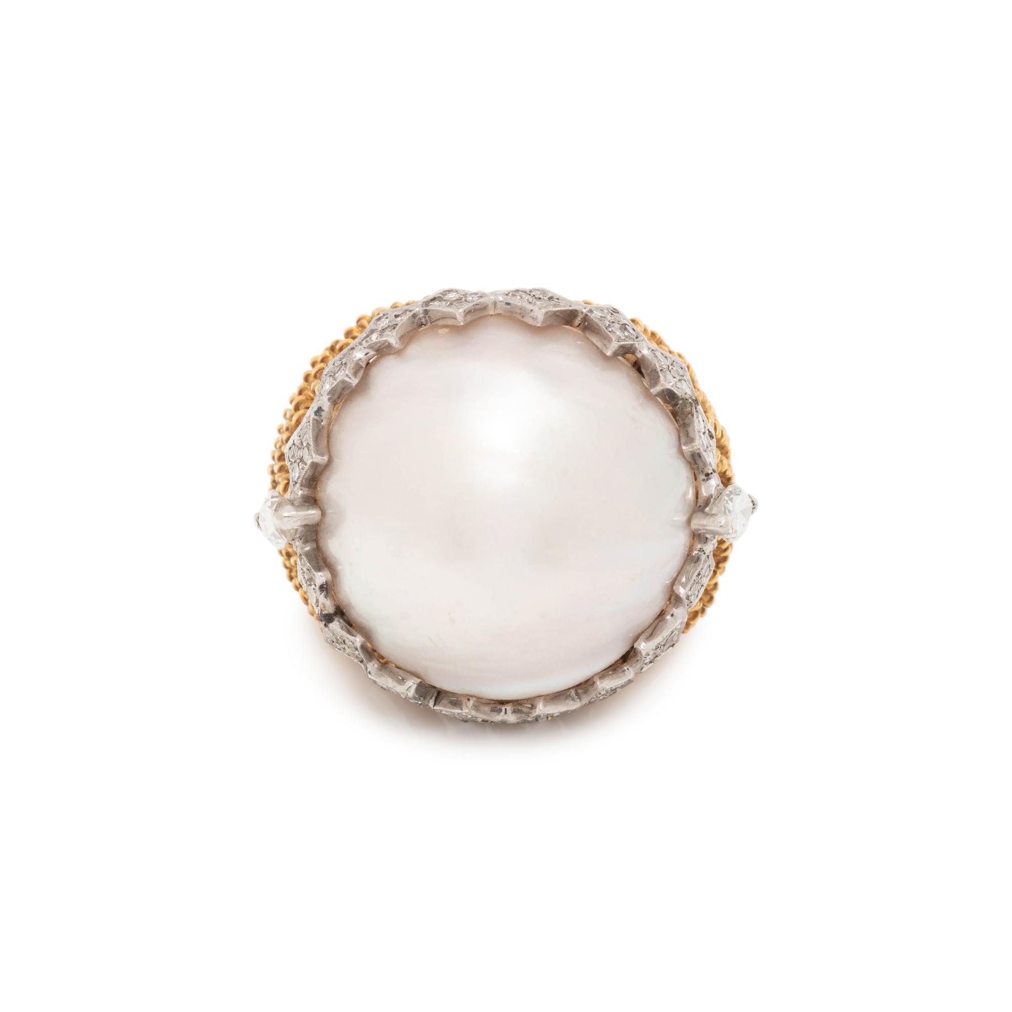 CULTURED MABE PEARL AND DIAMOND RING