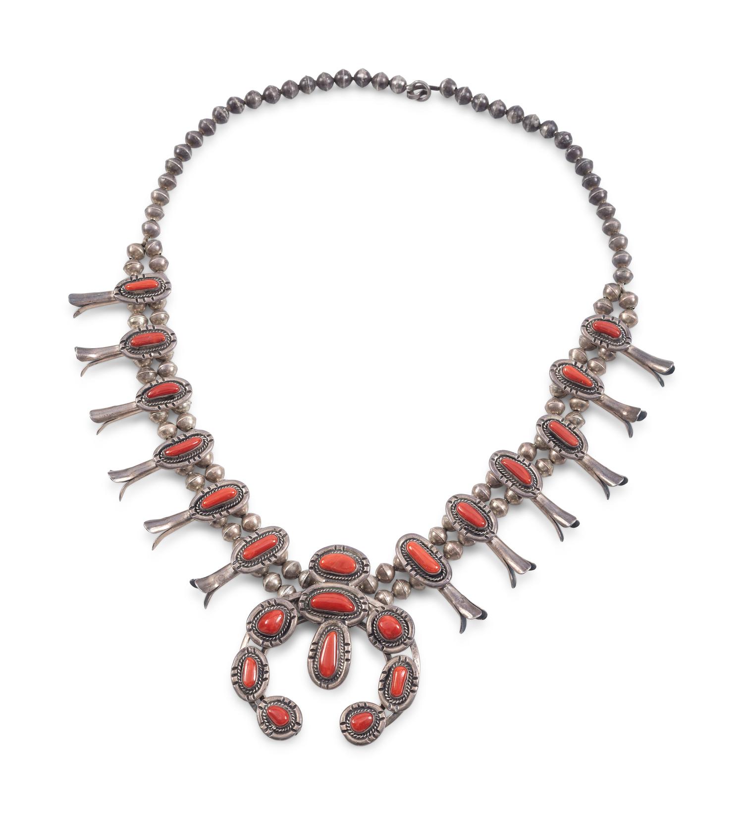 Navajo Silver and Coral Squash Blossom Necklace