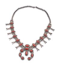 Navajo Silver and Coral Squash Blossom Necklace