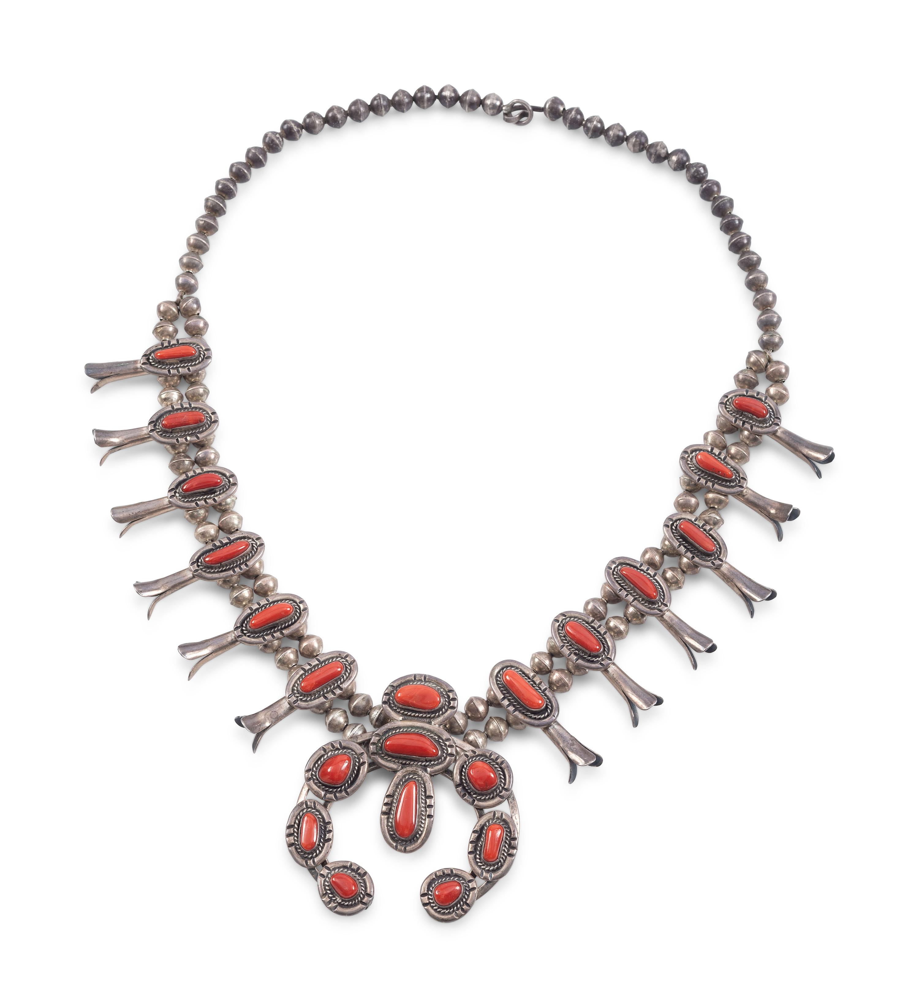 Navajo Silver and Coral Squash Blossom Necklace