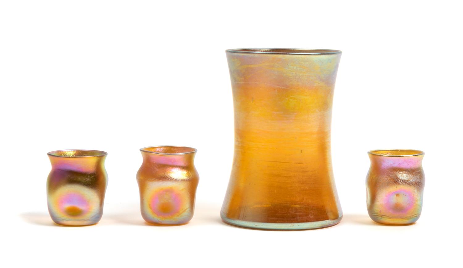 A Tiffany Favrile Glass Vase and Three Glasses Height of first 4 1/8 inches. — EARLY 20TH CENTURY