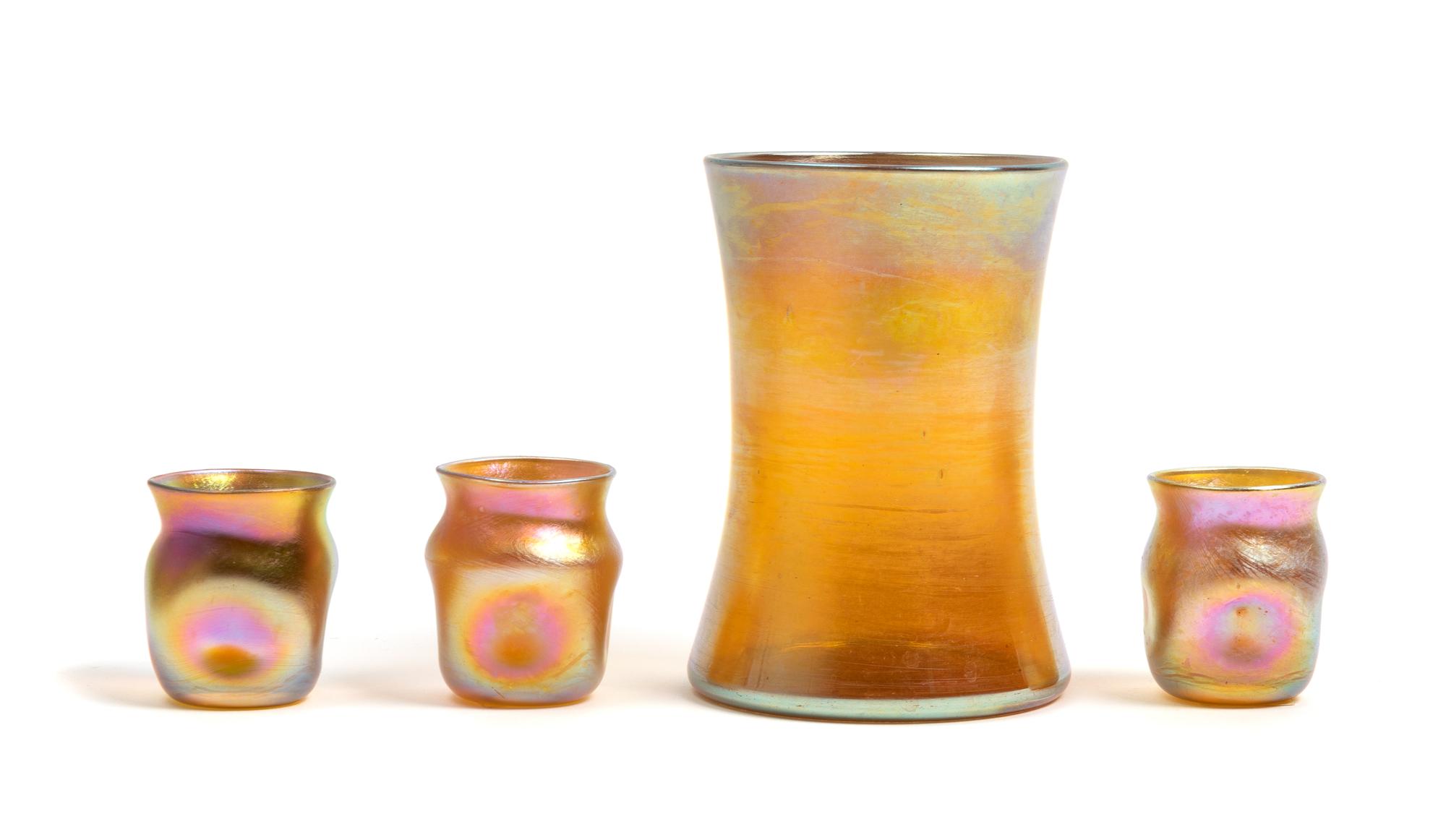 A Tiffany Favrile Glass Vase and Three Glasses Height of first 4 1/8 inches. — EARLY 20TH CENTURY