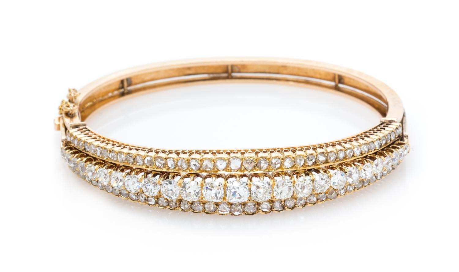 An Antique Rose Gold and Diamond Bangle Bracelet, 17.00 dwts.
