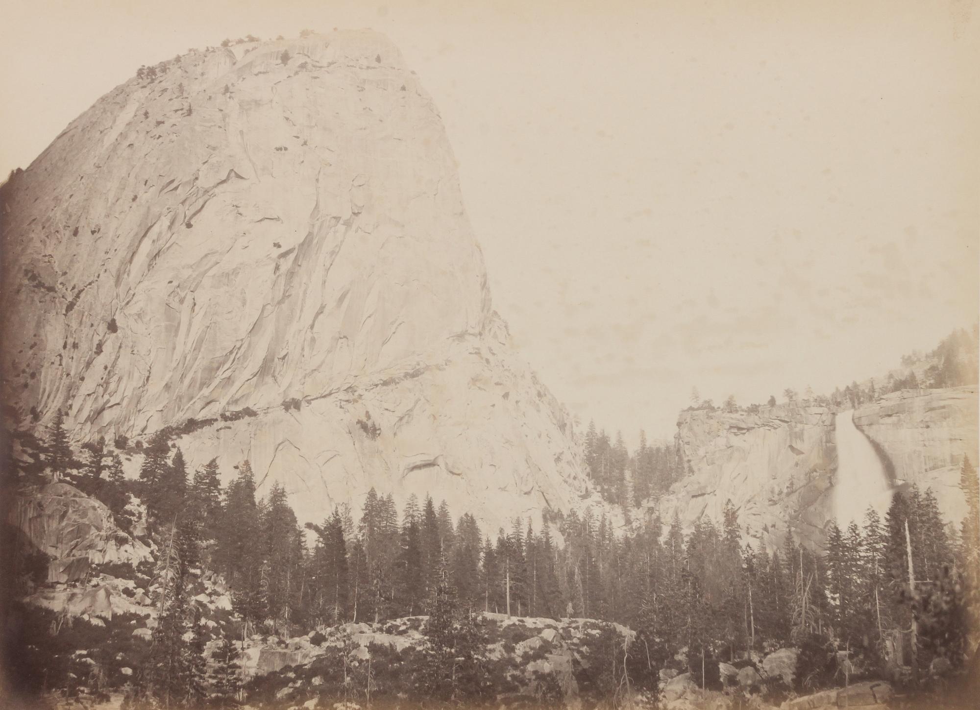 Carleton Eugene Watkins, (American, 1829-1916), Nevada Fall and Butte View of the Merced, Yosemite Hutching's Hotel, Sentinel Rock, Yos