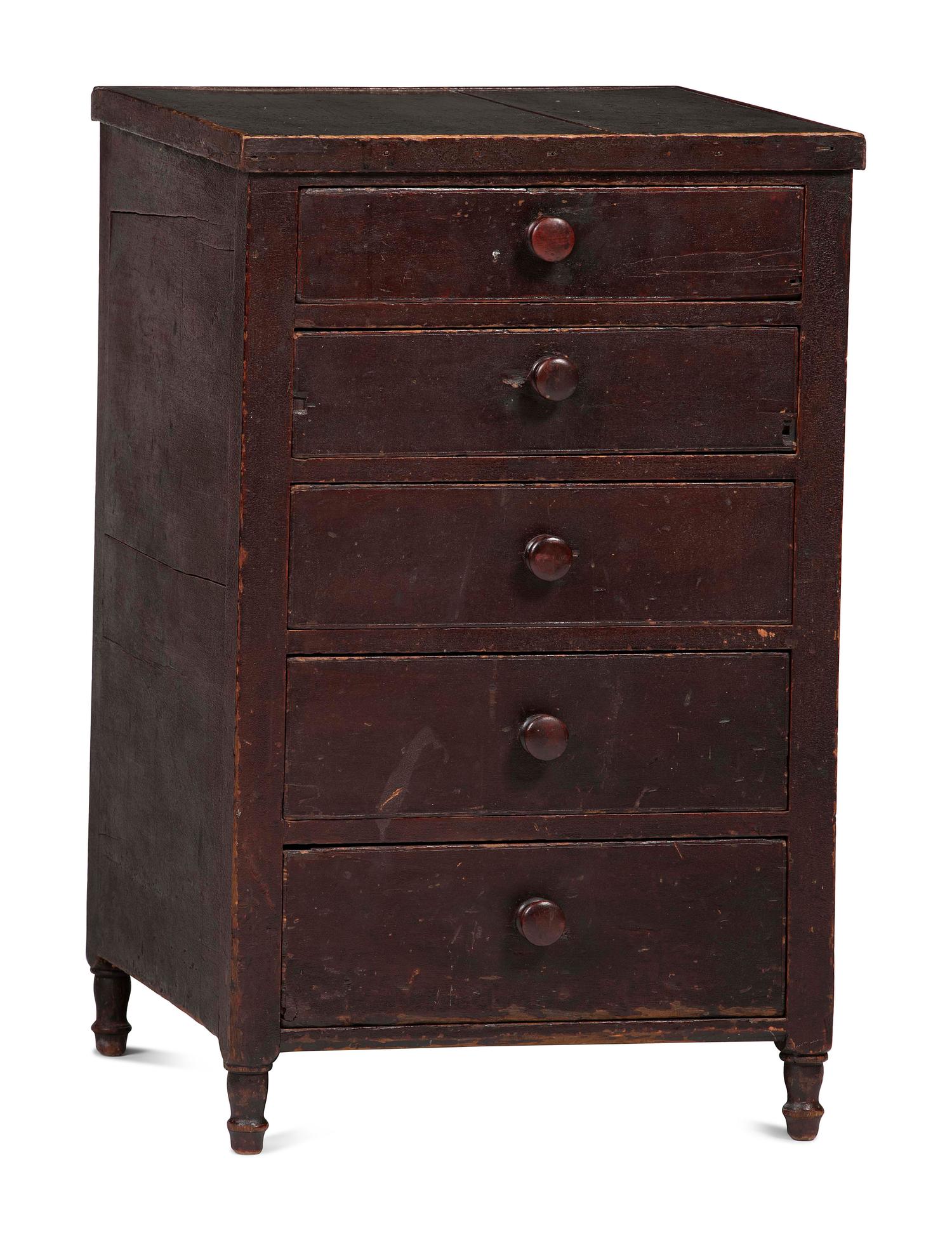 A Country Brown and Black Painted Five-Drawer Chest