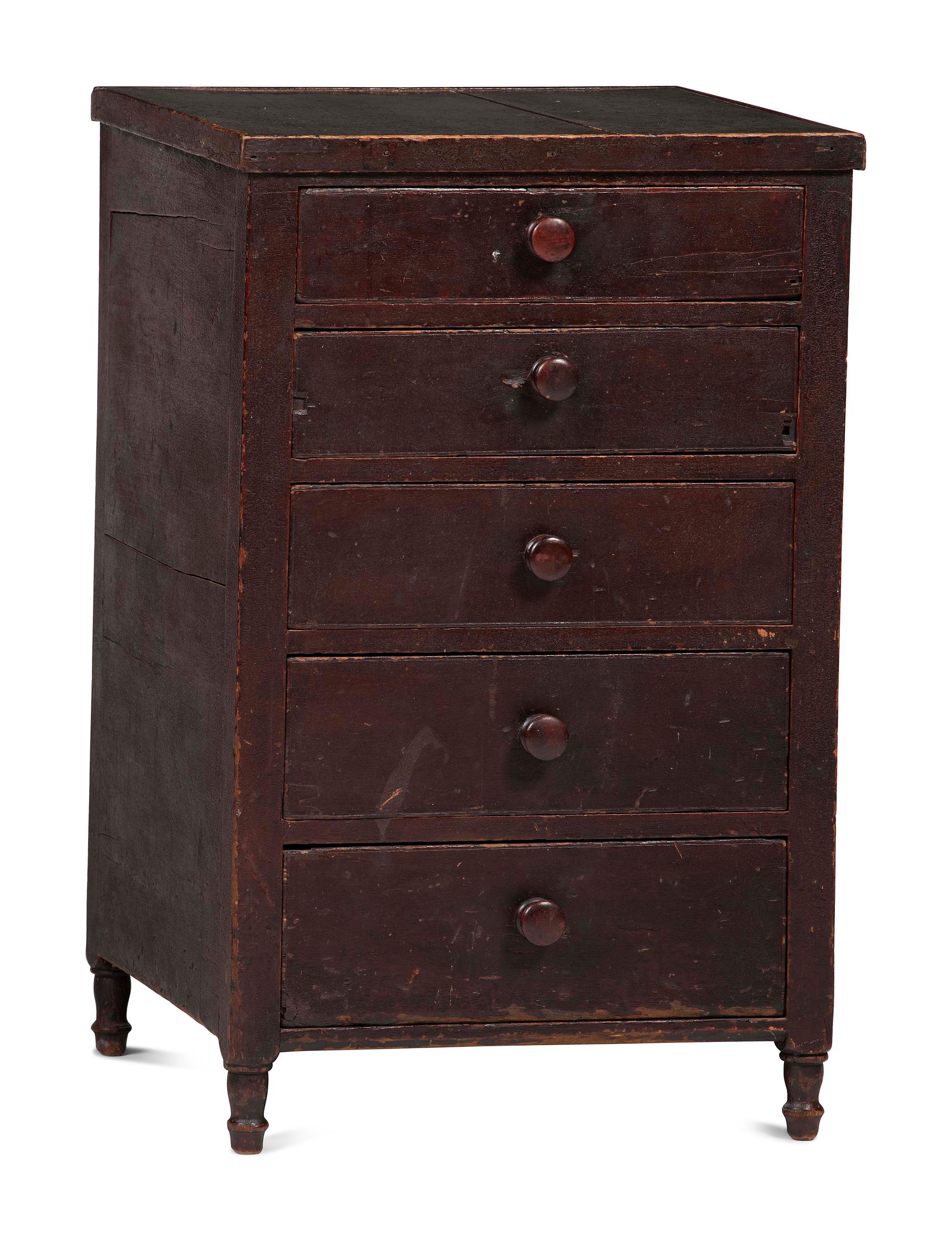 A Country Brown and Black Painted Five-Drawer Chest
