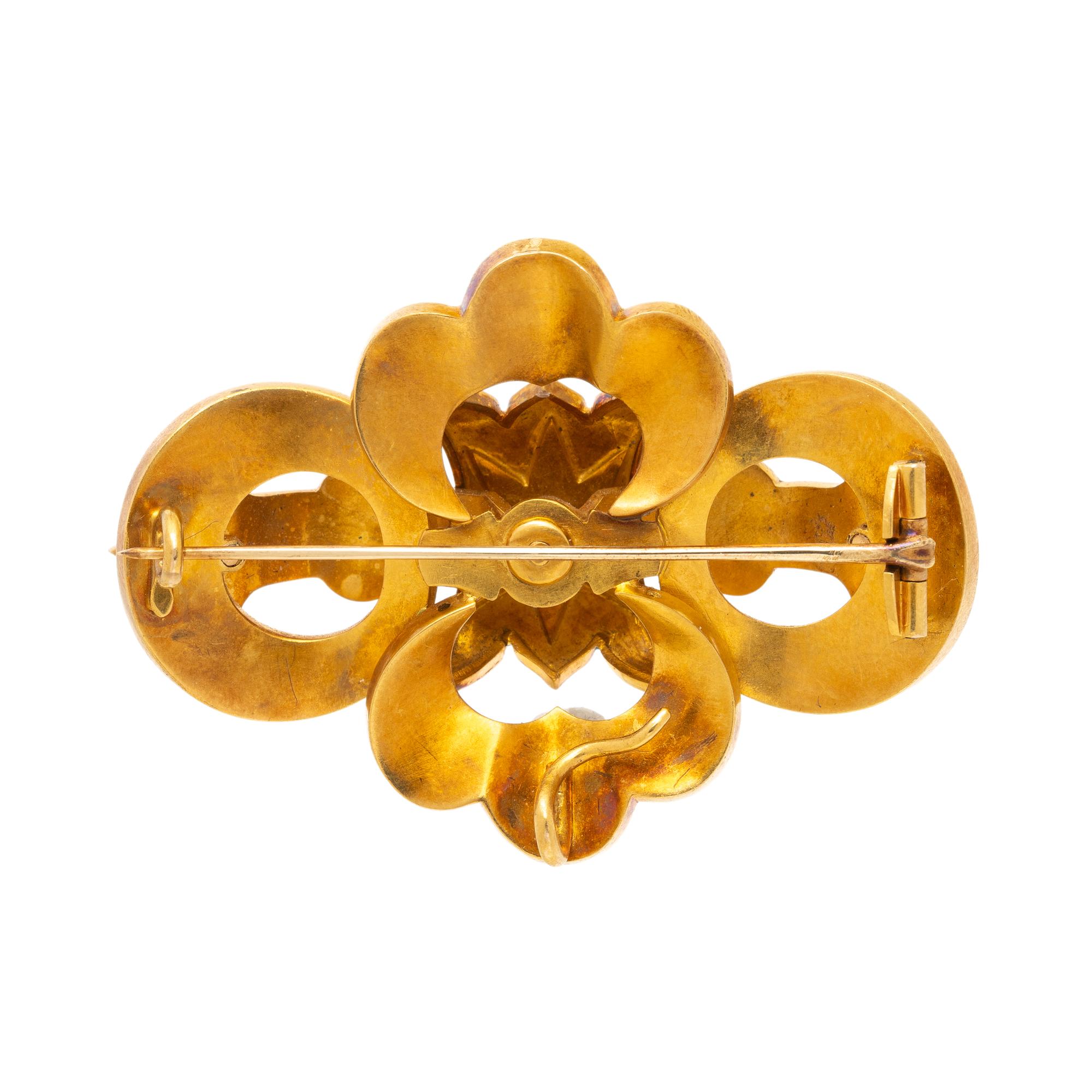 VICTORIAN, MABÉ PEARL, ENAMEL, DIAMOND, AND YELLOW GOLD BROOCH