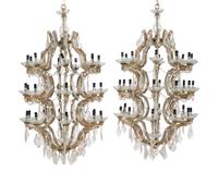 A Pair of Large Thirty-One-Light Cased Glass Chandeliers
