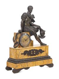 A French Patinated Bronze and Sienna Marble Mantel Clock by Honoré Pons
