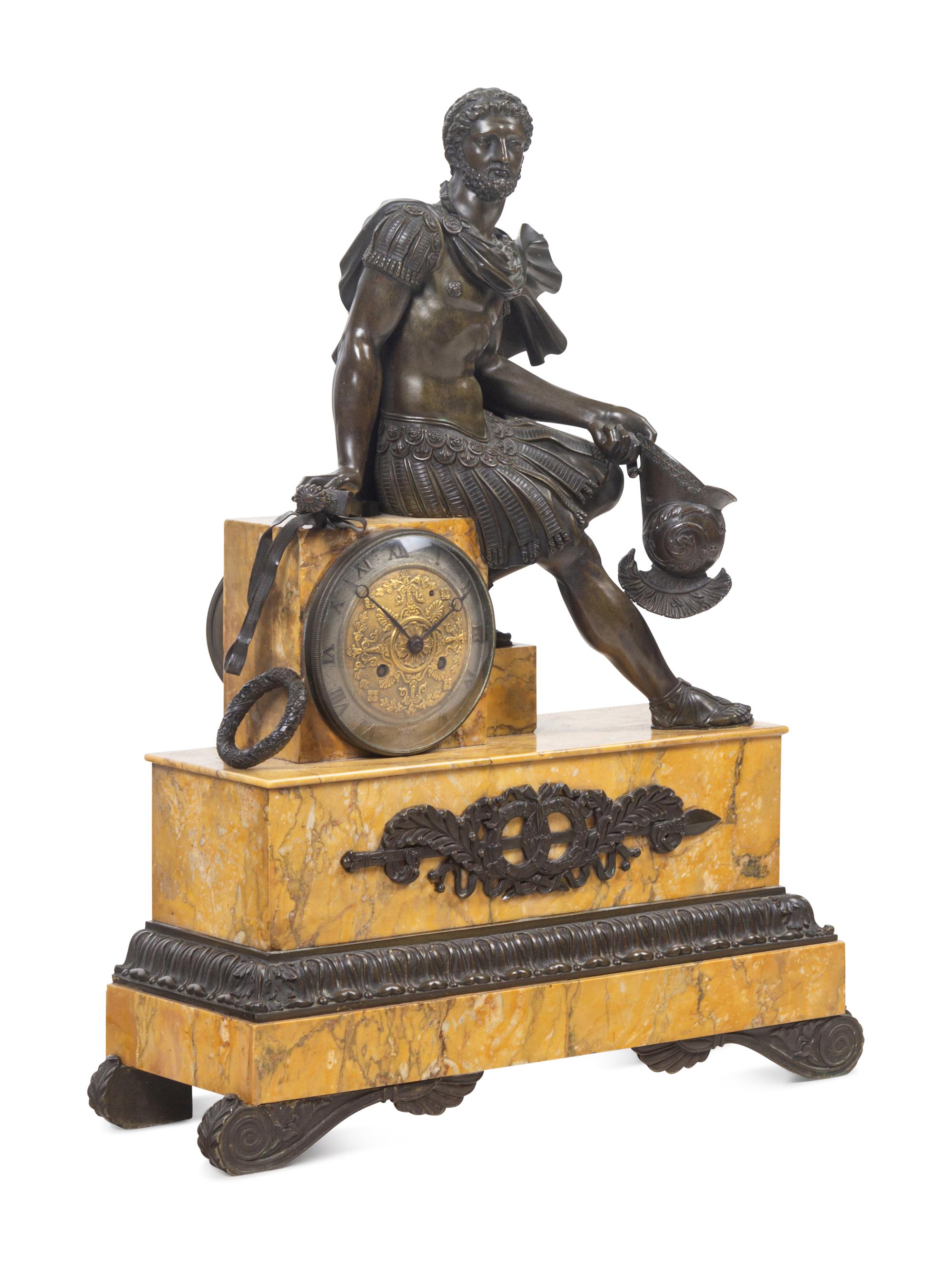 A French Patinated Bronze and Sienna Marble Mantel Clock by Honoré Pons