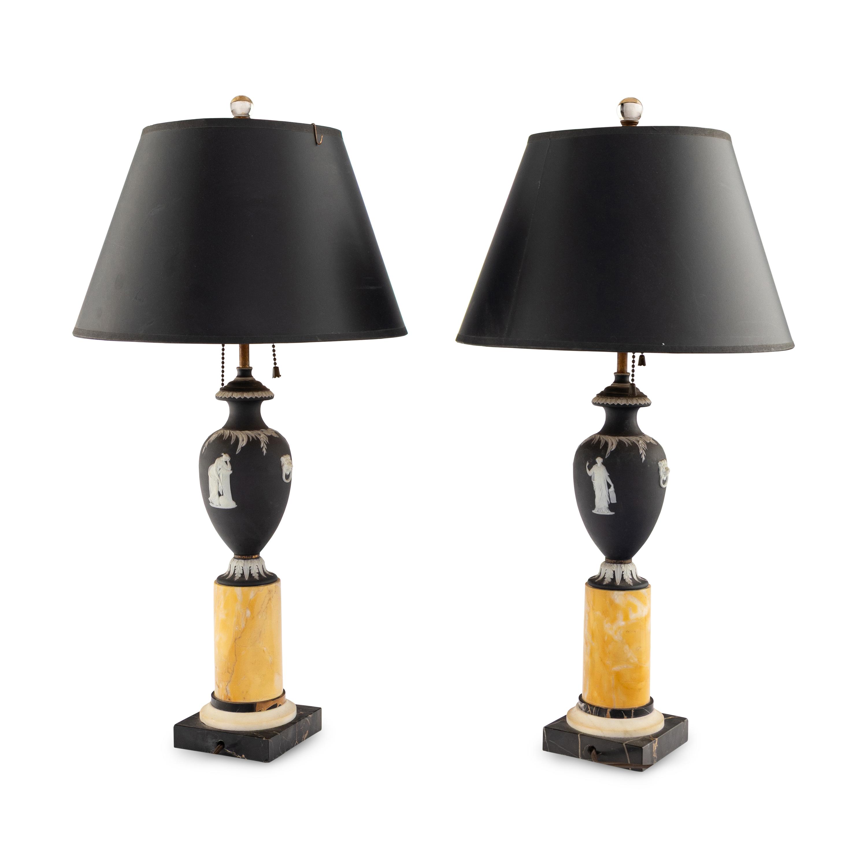 A Pair of Wedgwood Black Jasperware and Marble Table Lamps