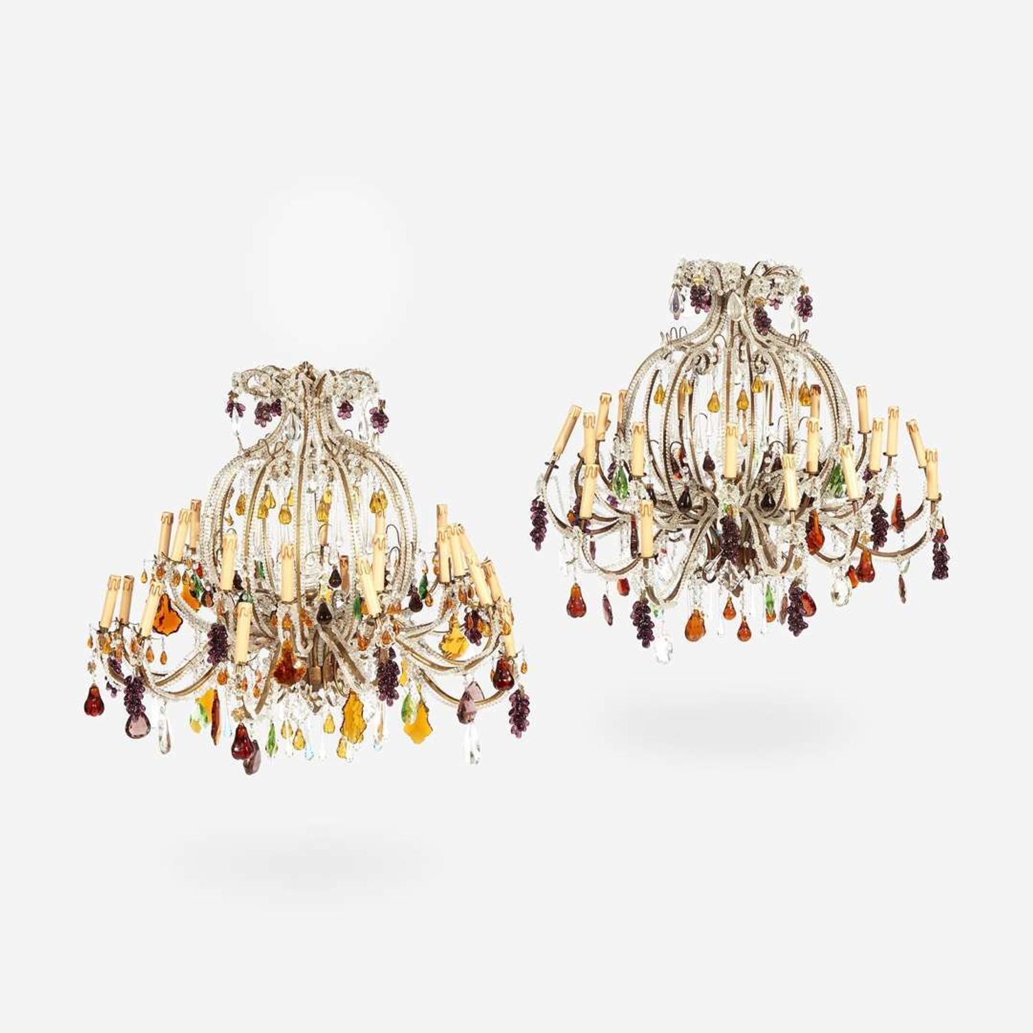 A Pair of Venetian Colored Glass Twenty-Four Light Bronze Chandeliers 20th century