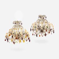A Pair of Venetian Colored Glass Twenty-Four Light Bronze Chandeliers 20th century