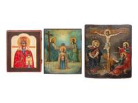 Three Russian Painted Wood Icon Panels