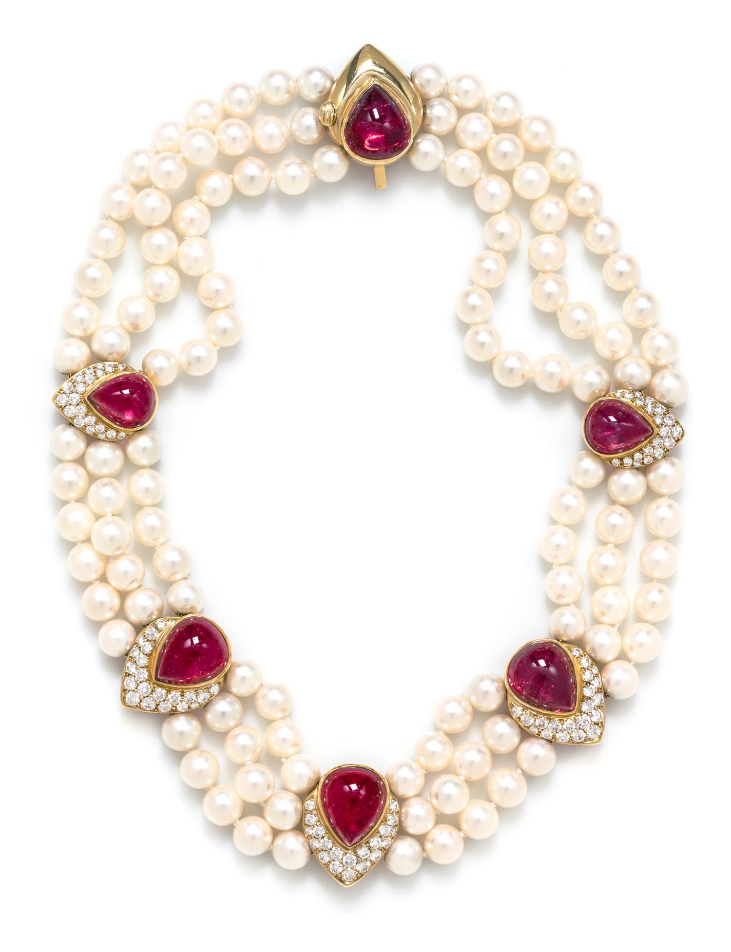 An 18 Karat Yellow Gold, Cultured Pearl, Pink Tourmaline and Diamond Triple Strand Necklace, Montreaux, 85.80 dwts.