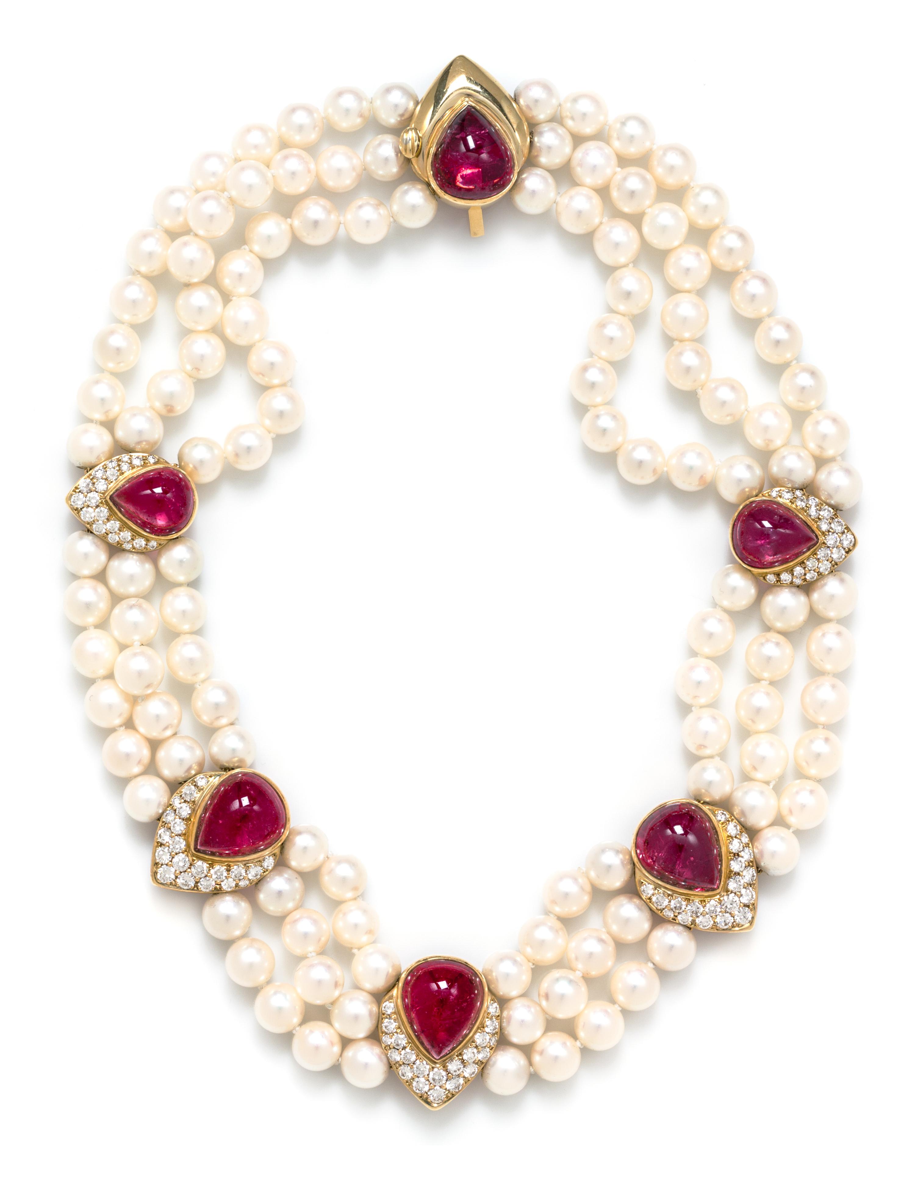 An 18 Karat Yellow Gold, Cultured Pearl, Pink Tourmaline and Diamond Triple Strand Necklace, Montreaux, 85.80 dwts.
