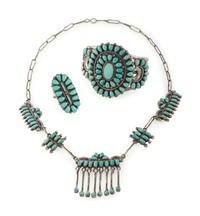 Zuni Silver and Petit Point Turquoise Cuff Bracelet, Necklace, AND Ring