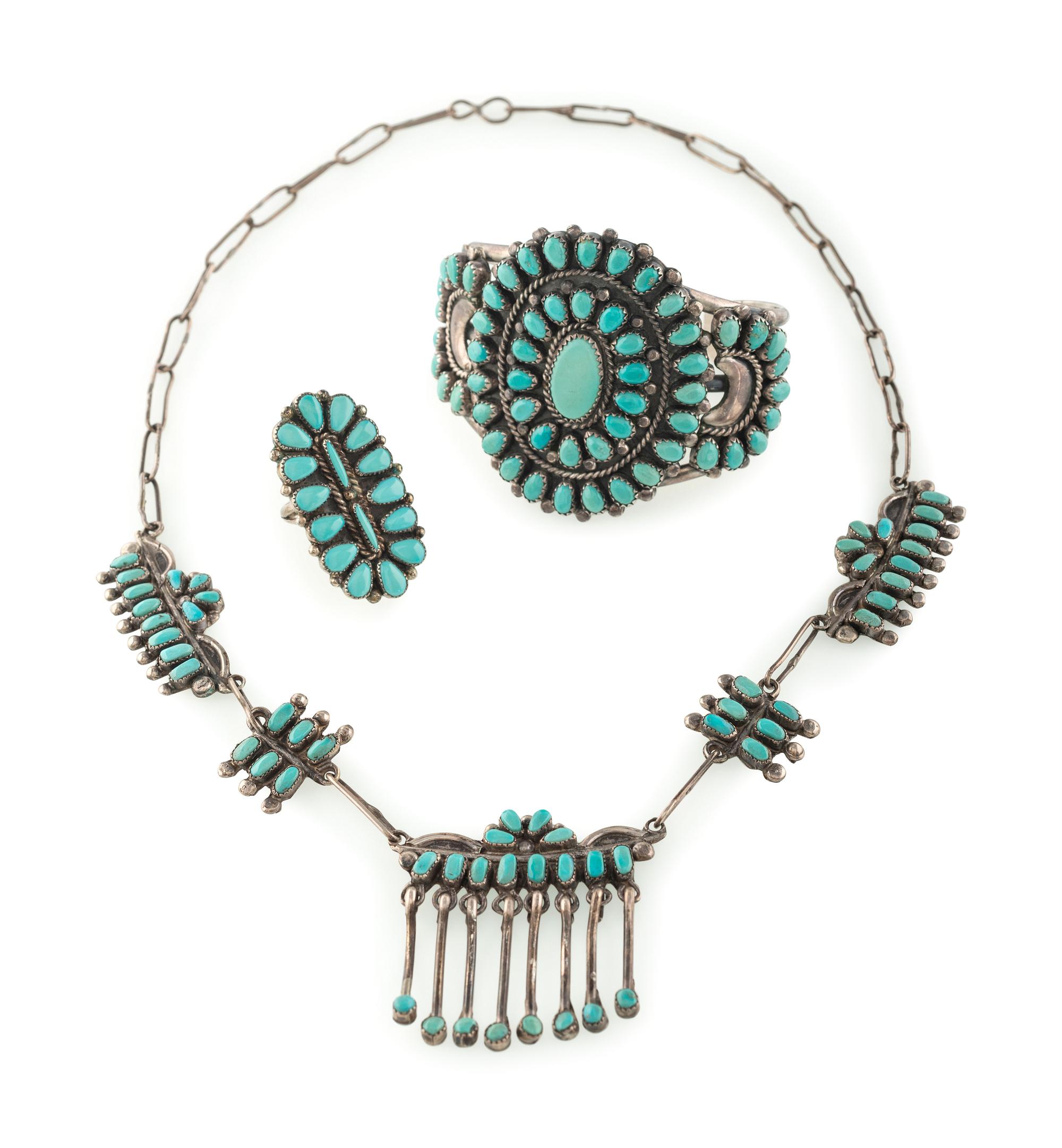 Zuni Silver and Petit Point Turquoise Cuff Bracelet, Necklace, AND Ring