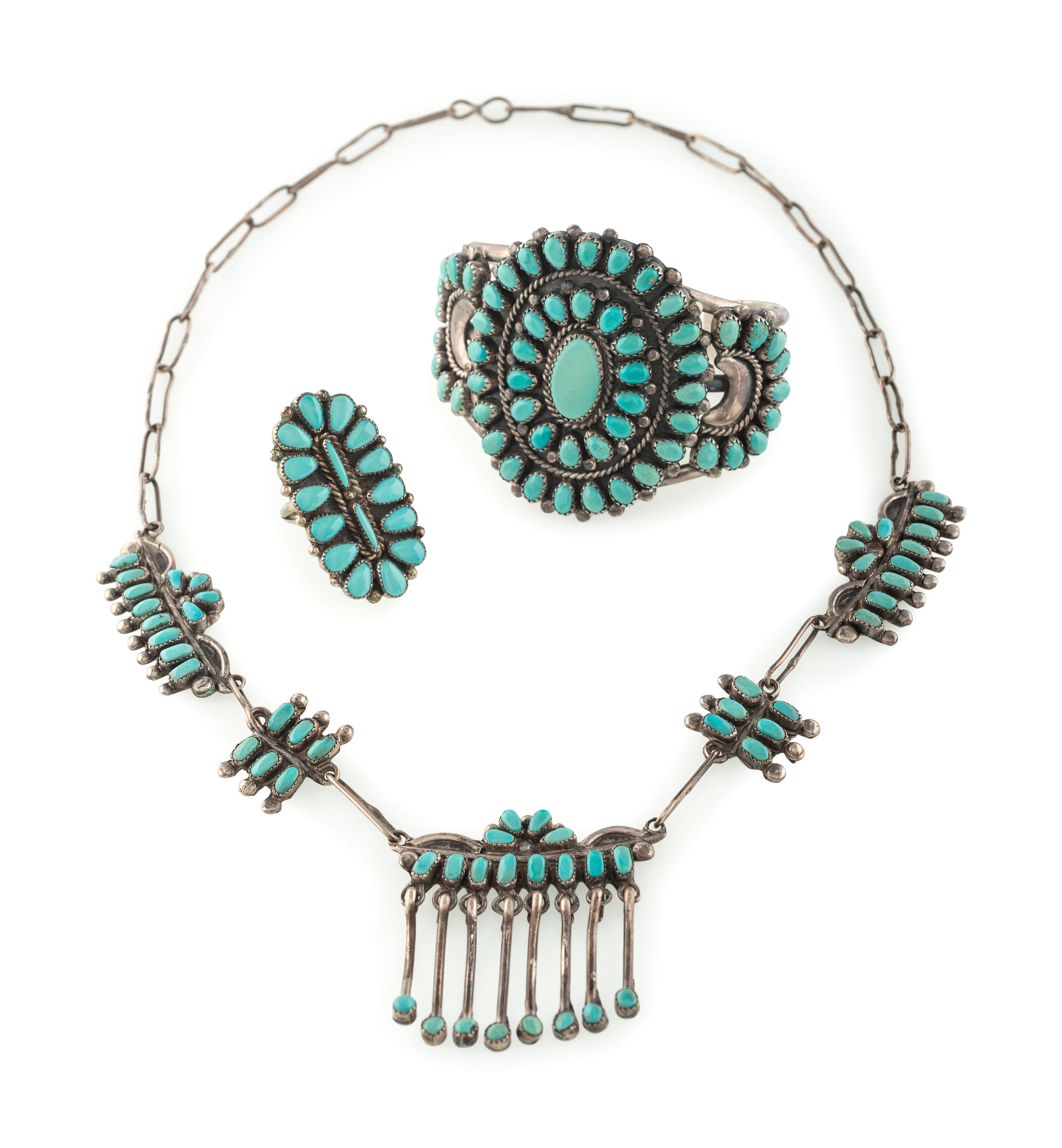 Zuni Silver and Petit Point Turquoise Cuff Bracelet, Necklace, AND Ring