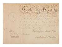 [AFRICAN AMERICANA] -- [ABOLITION]. PEMBERTON, James (1723-1809). Membership Certificate signed ("Jams. Pemberton") as President of the "Pennsylvania Society for Promoting the Abolition of Slavery...." Philadelphia, 6 October 1792.