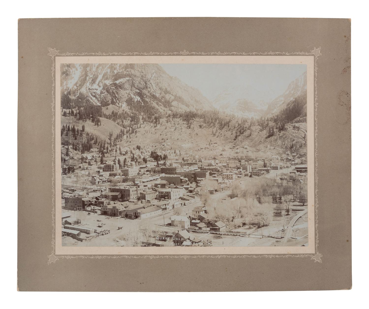 [COLORADO]. A group of 2 large format photographs of Colorado scenes, incl. view of Ouray and movers with pack horses in Tulluride. Ca 1880s.
