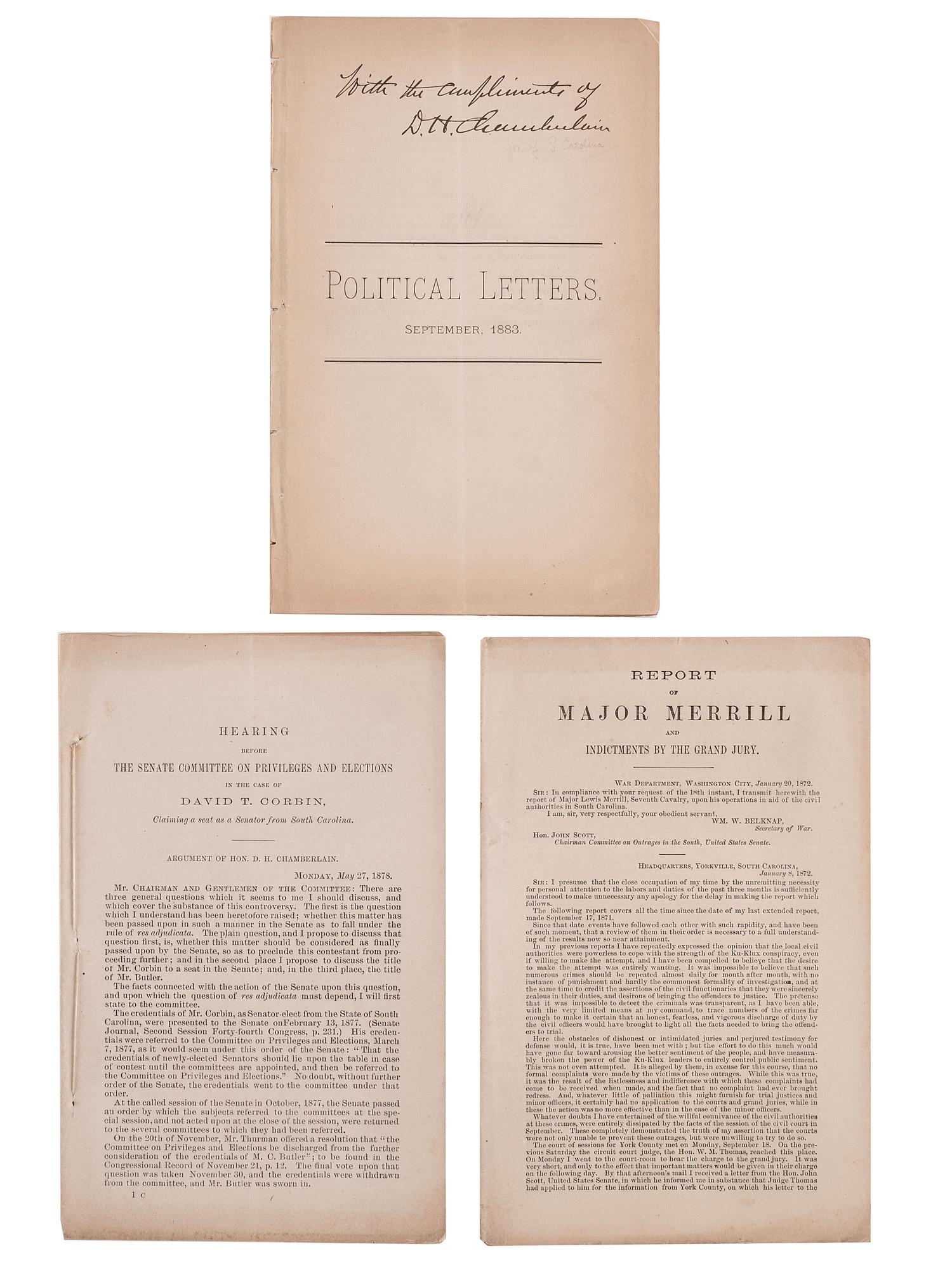 [RECONSTRUCTION]. A group of civil rights and anti-KKK pamphlets South Carolina Governor Daniel Henry Chamberlain and Major Lewis Merrill, comprising: